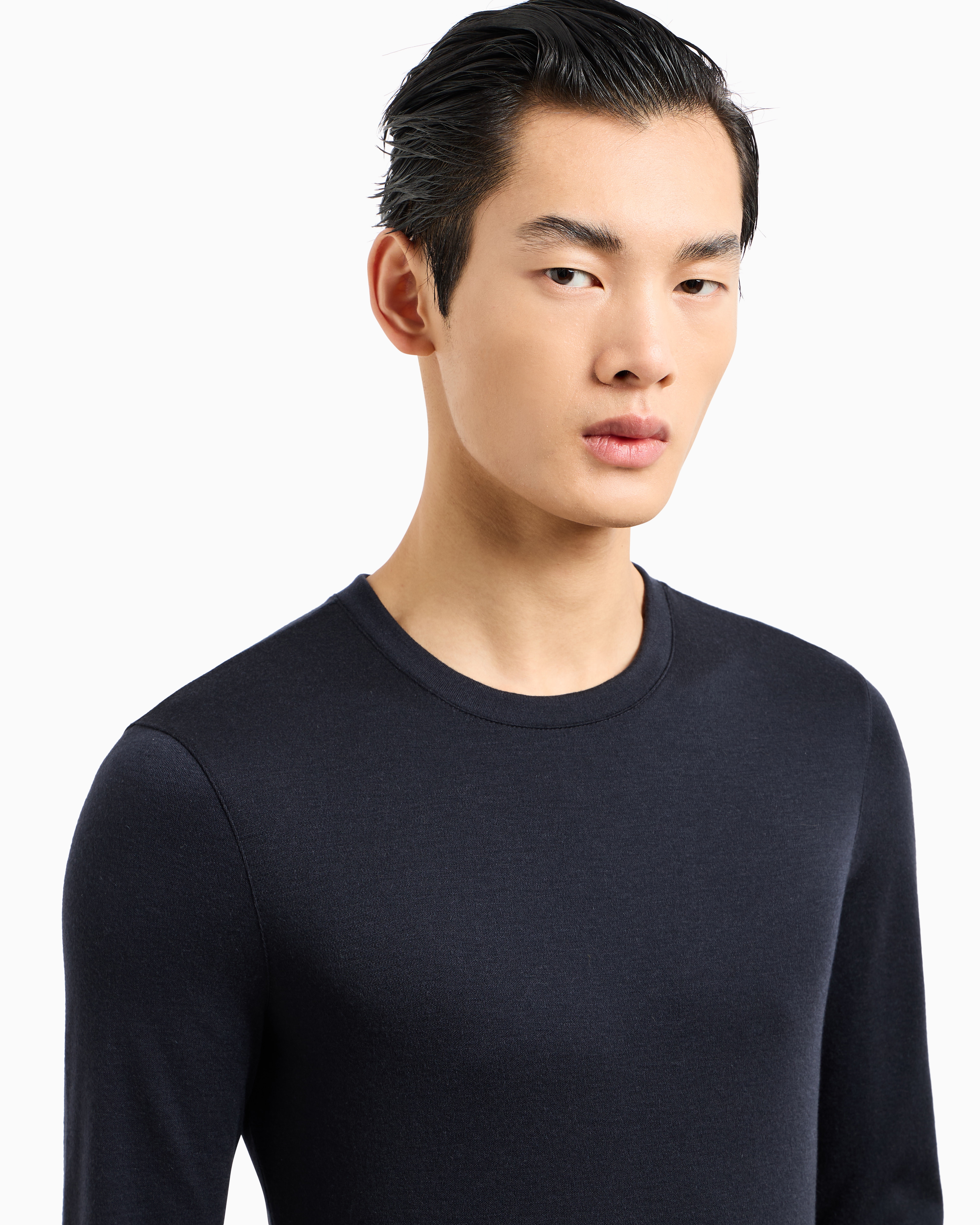 Giorgio Armani Official Store Pure Cashmere Interlock Crew-neck Jumper In Navy Blue