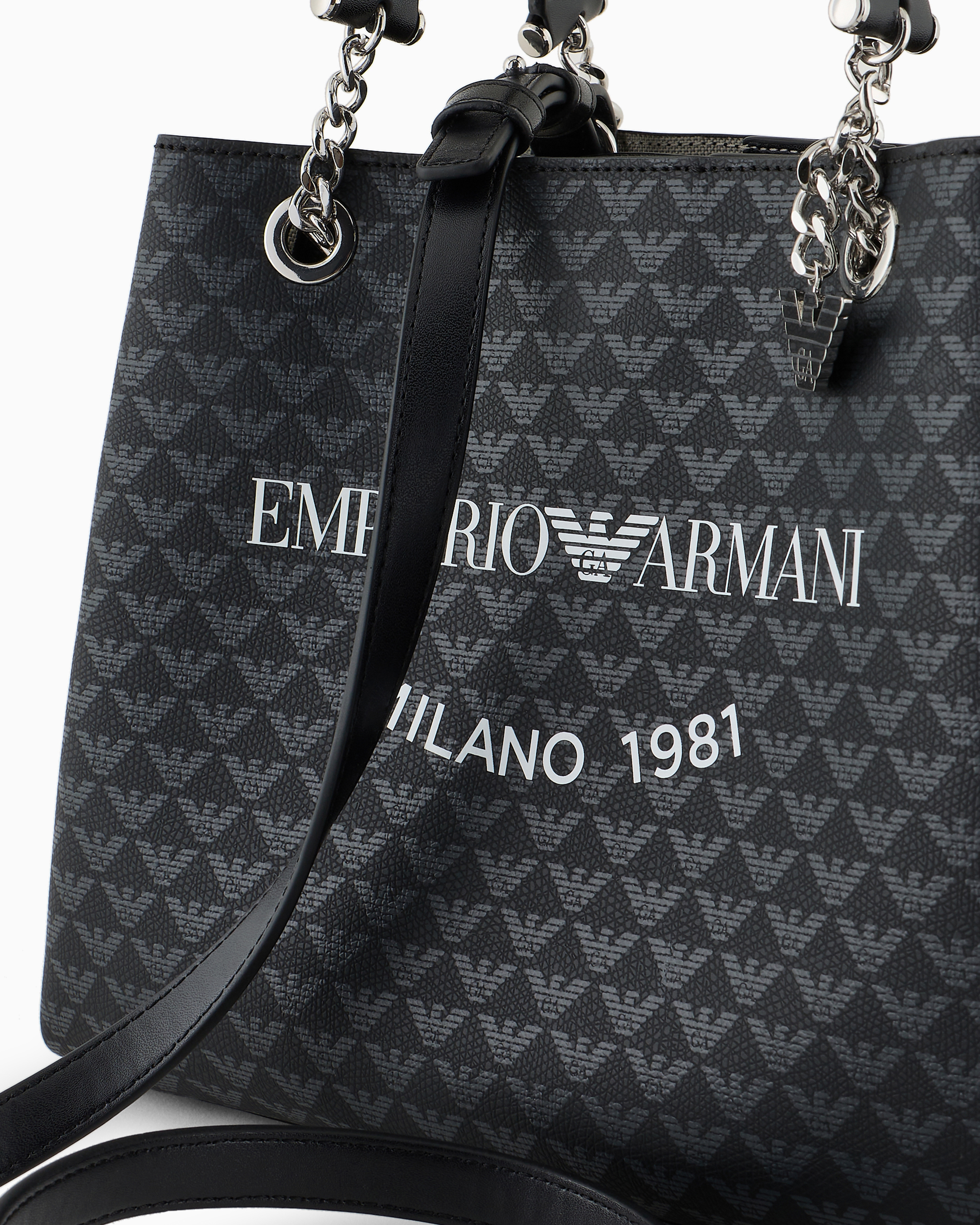 Emporio Armani All-over Eagle Handbag With Milano 1981 Logo Print In Bianco E Nero