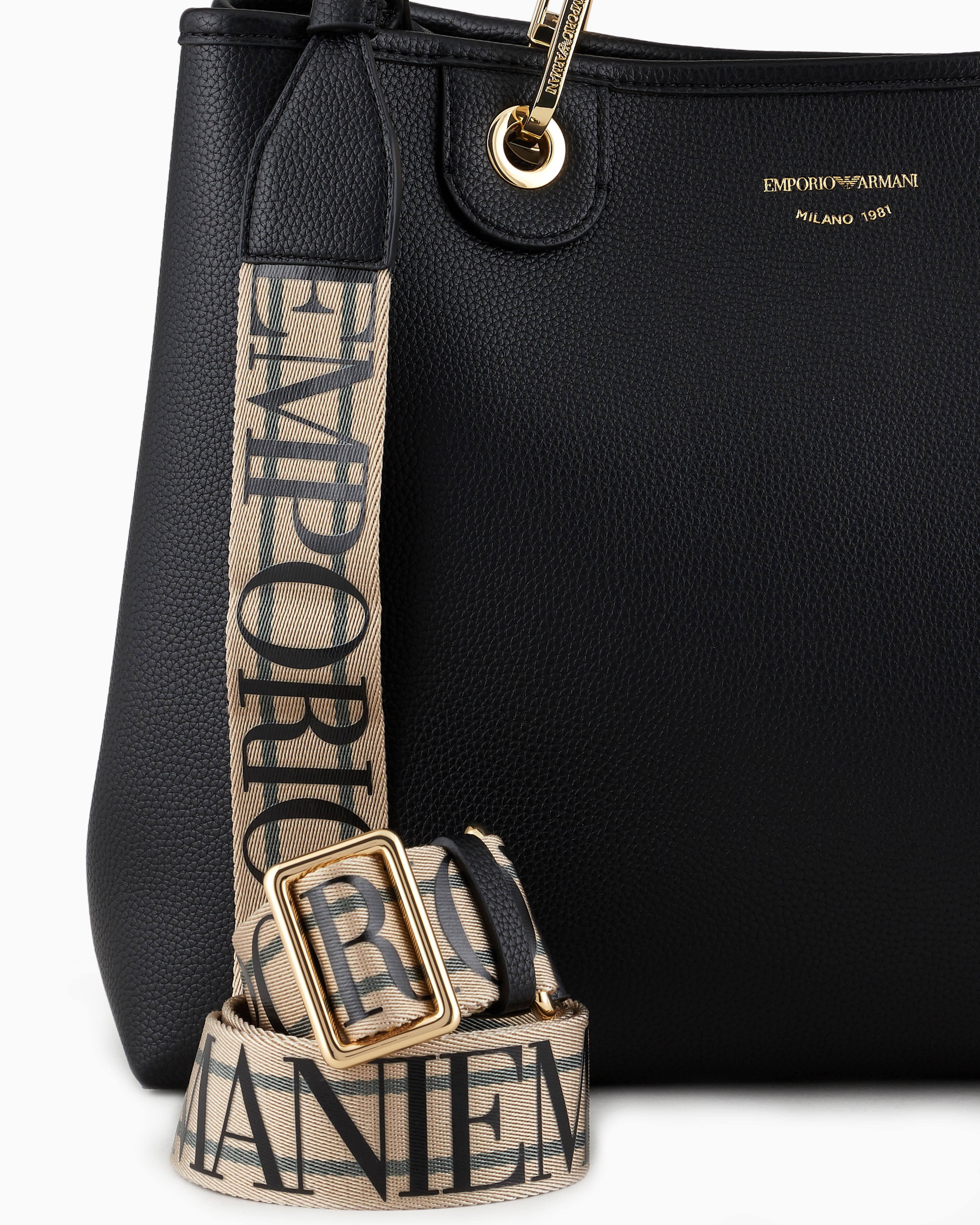 Emporio Armani Medium Myea Shopper Bag With Deer Print In Deep Black