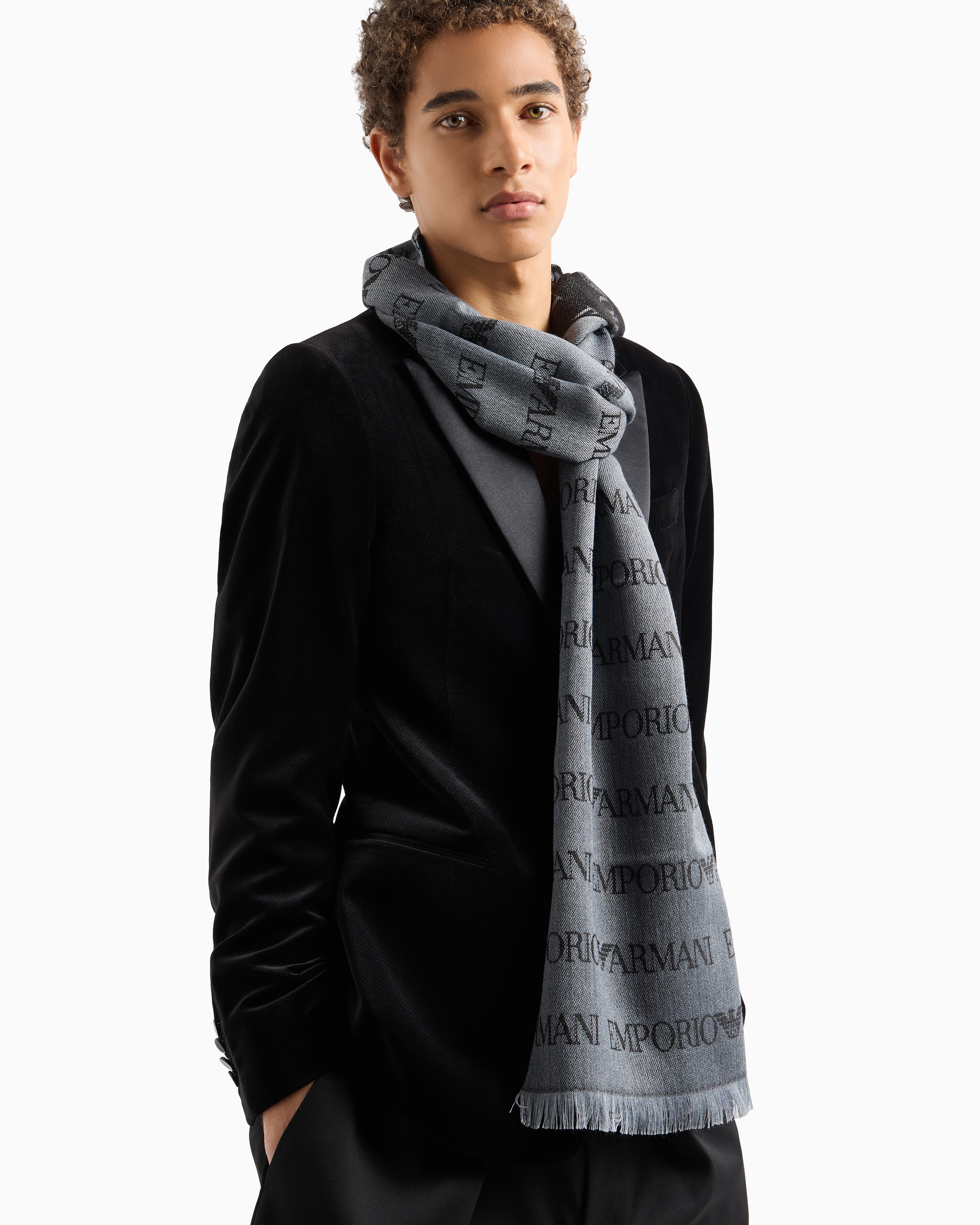Emporio Armani Virgin-wool Blend Scarf With Jacquard Logo Lettering And Fringes In Grey