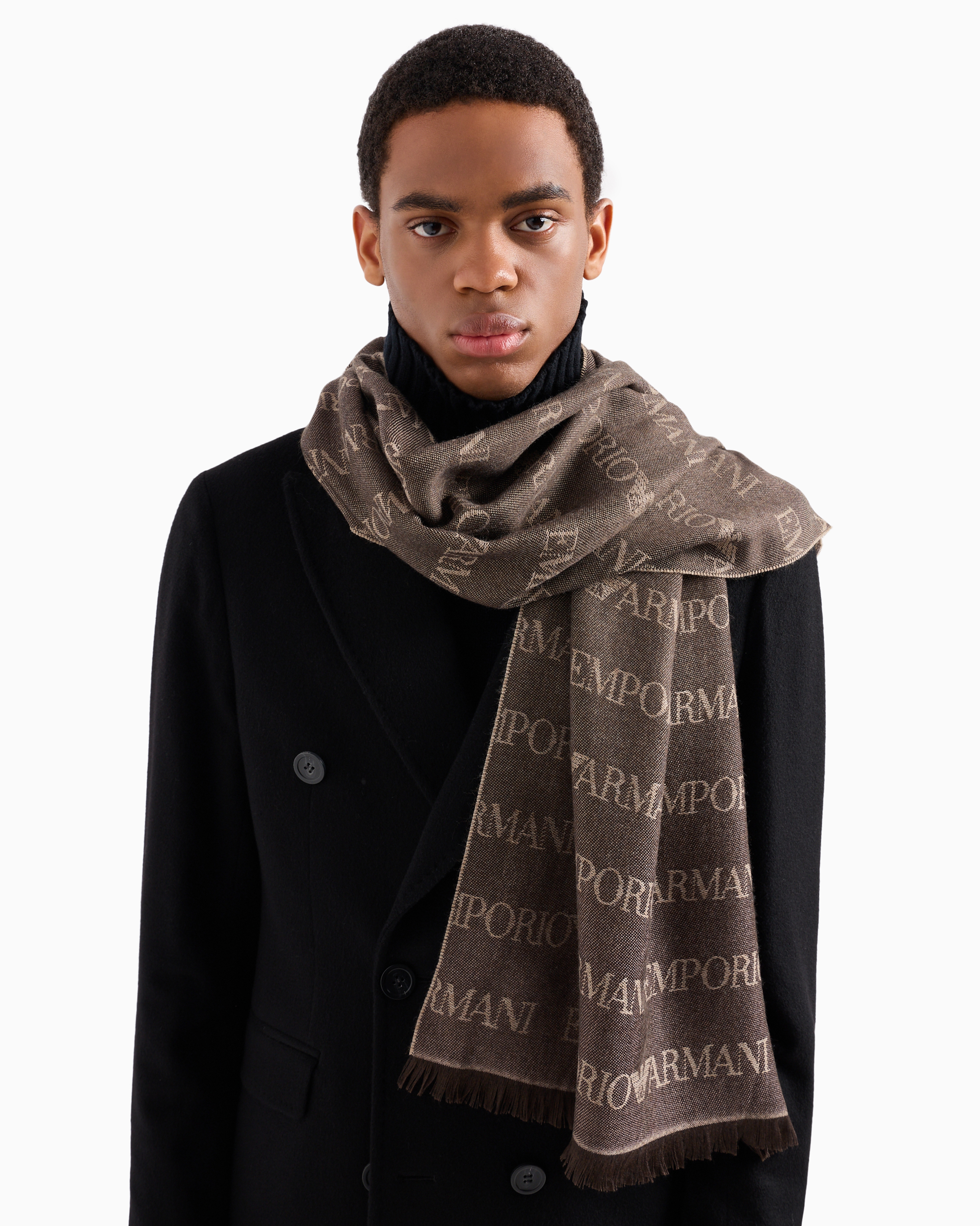 Virgin-wool blend scarf with jacquard logo lettering and fringes