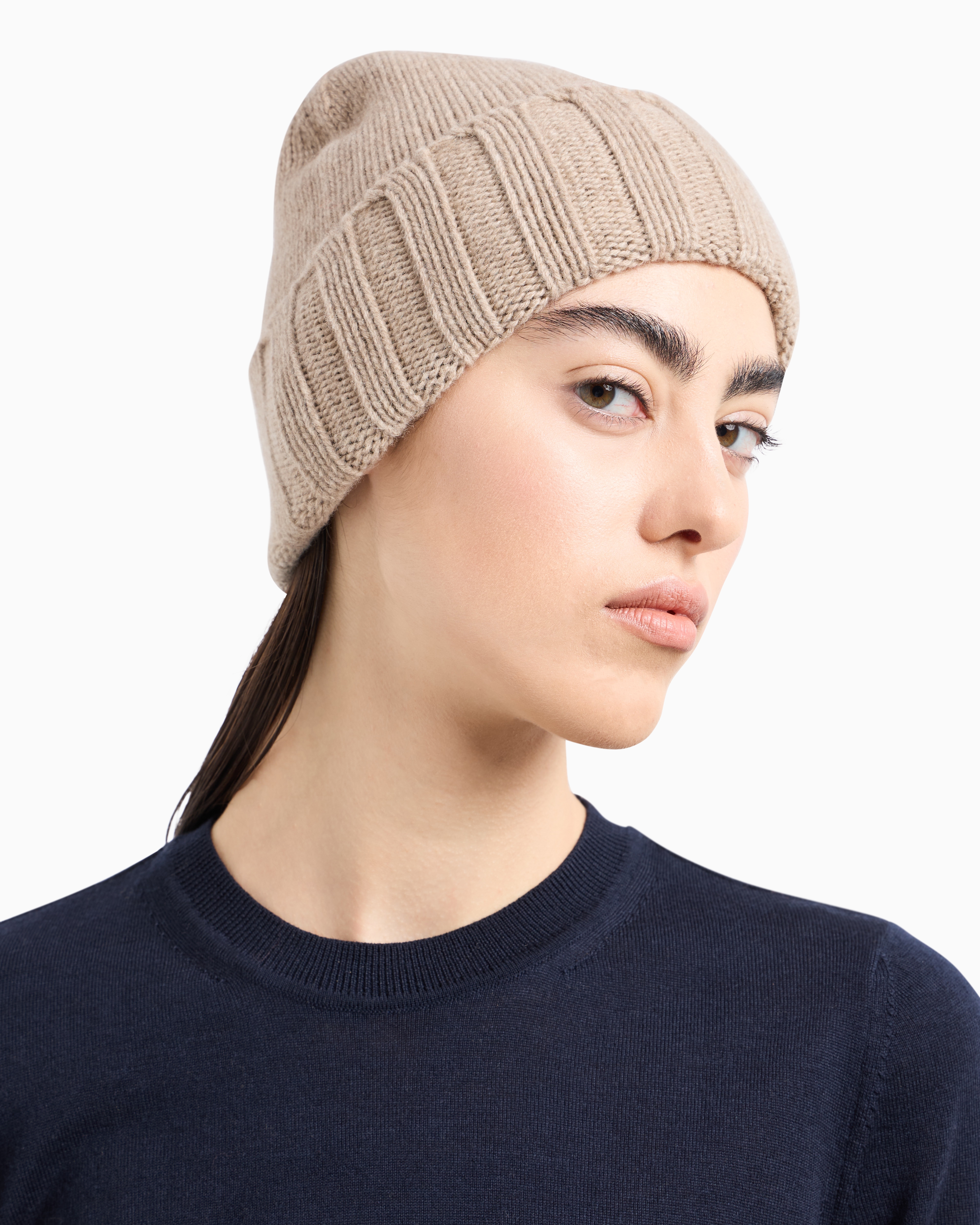 Shop Emporio Armani Ribbed Cashmere Beanie In Beige