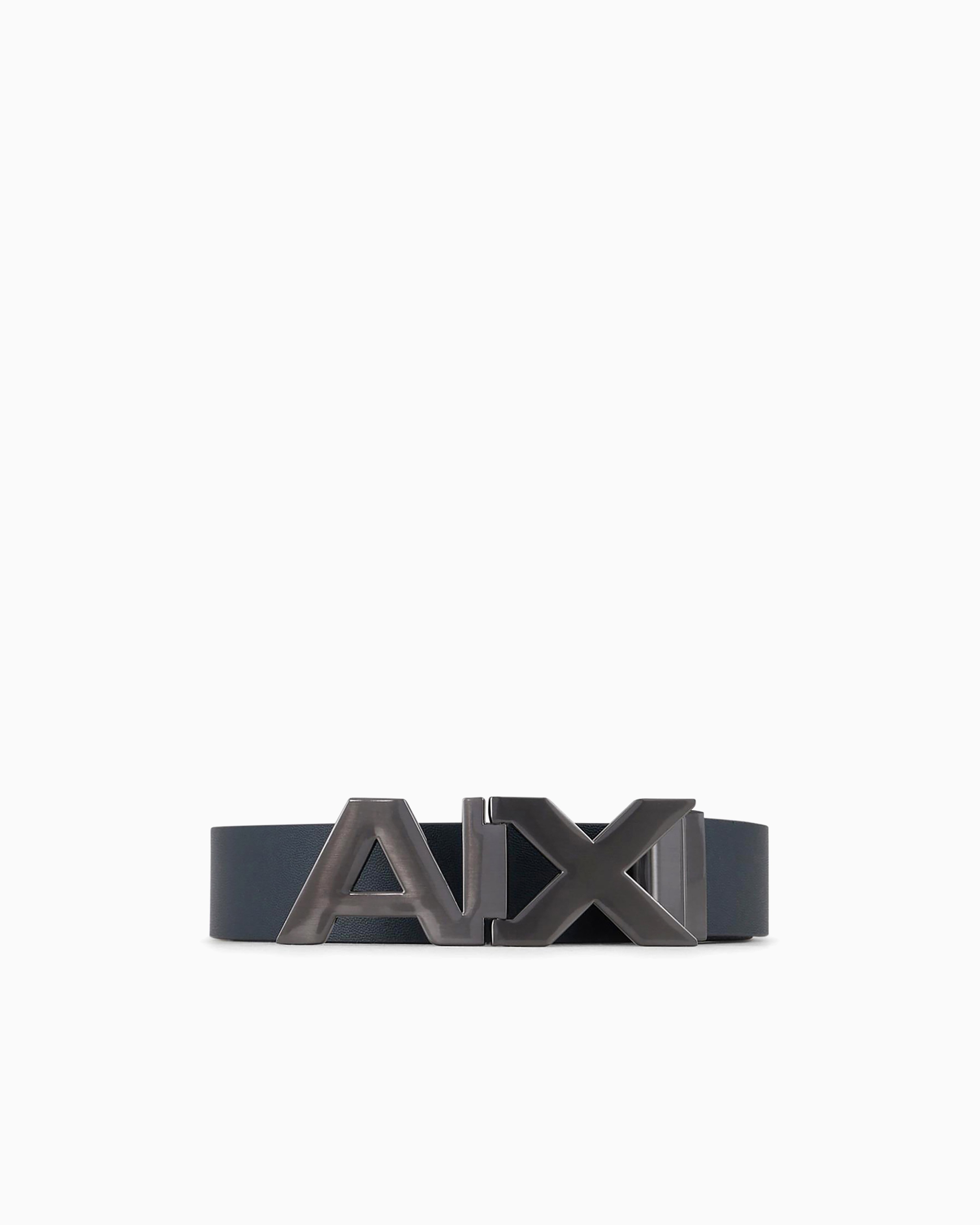 Reversible leather belt with satin metal logo buckle