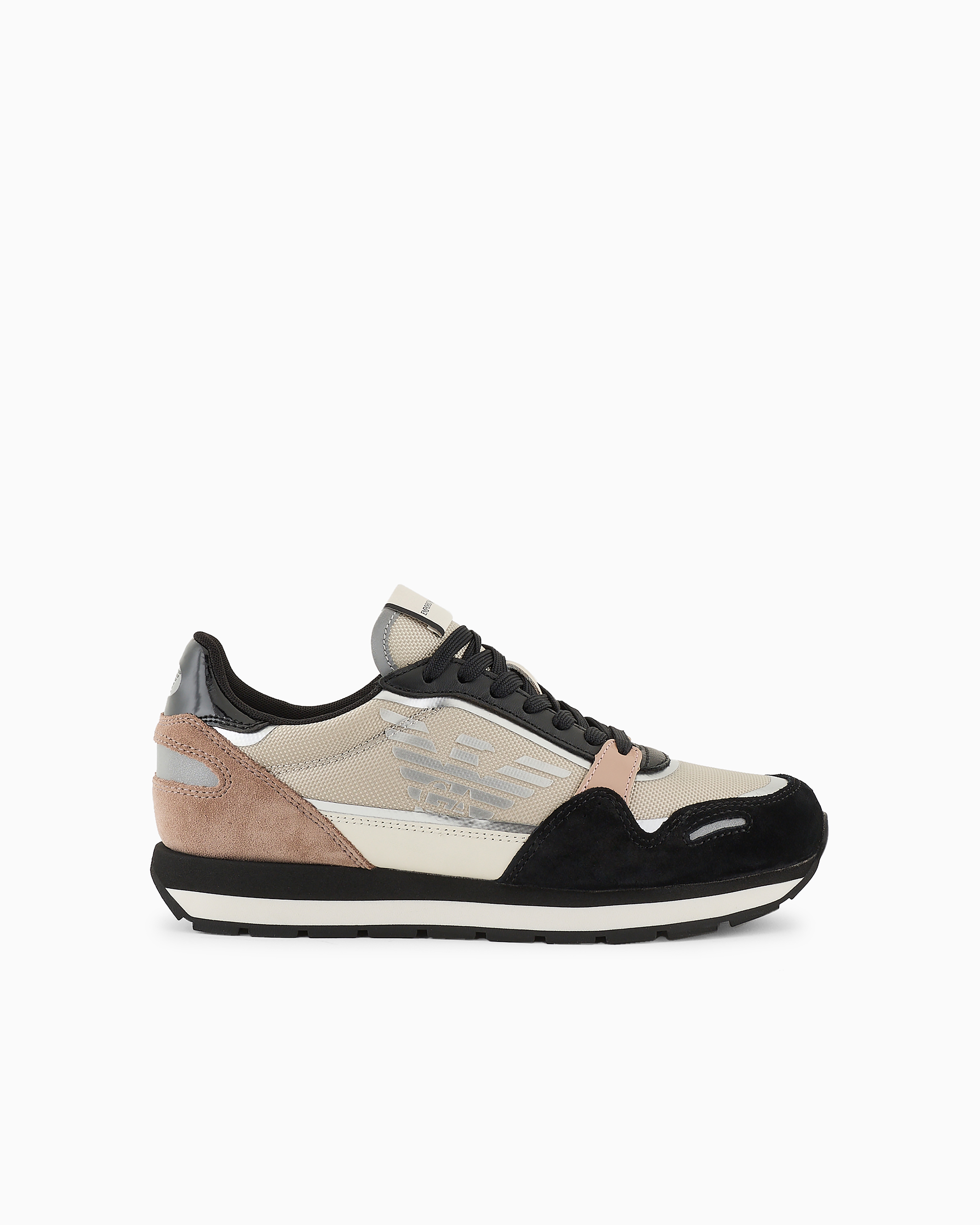 Emporio Armani Suede Sneakers With Reflective And Nylon Details In Black