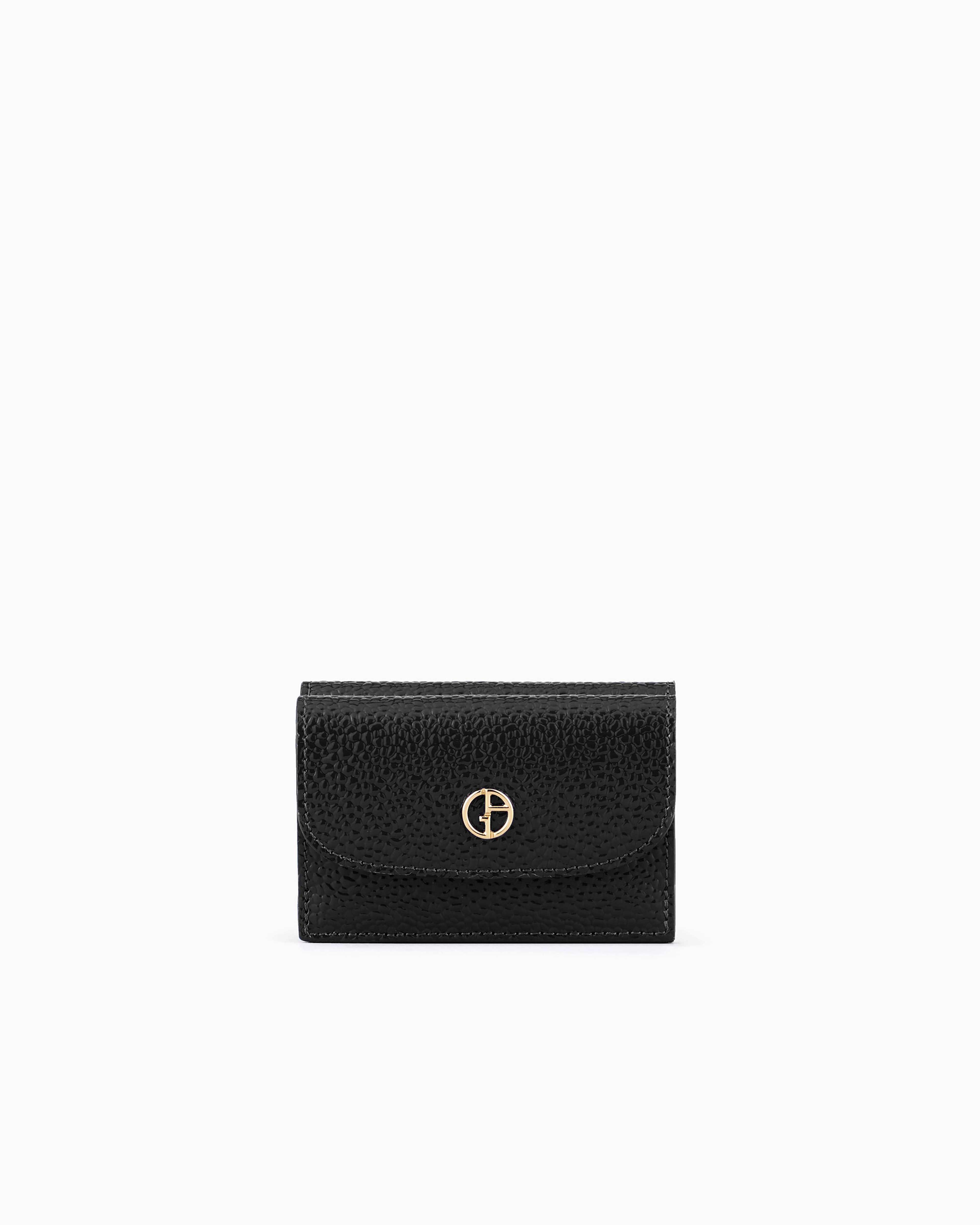 Giorgio Armani Official Store La Prima Mini Trifold Wallet In Pebbled Patent Leather In Black