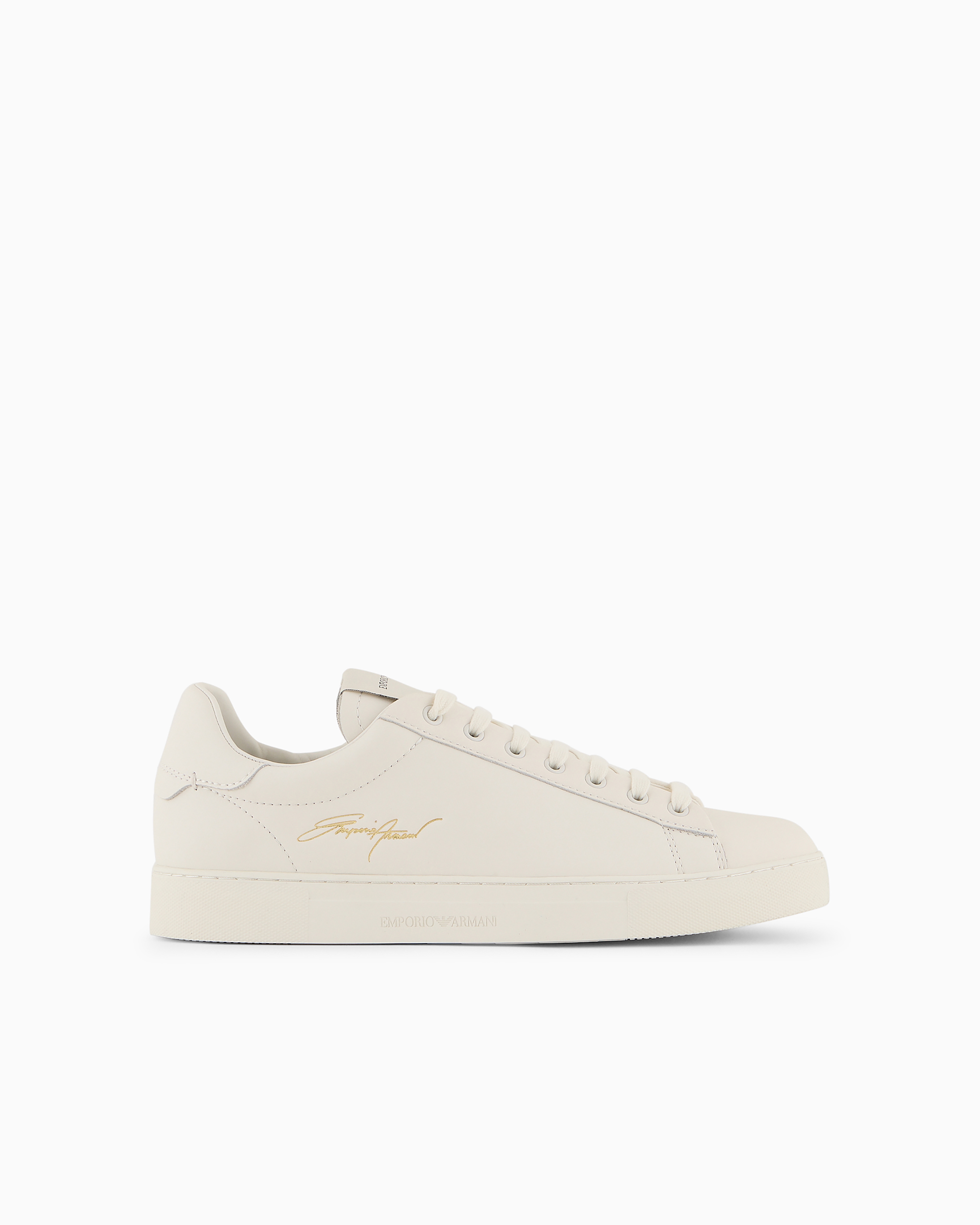 Emporio Armani Leather Sneakers With Gold Signature Logo In White