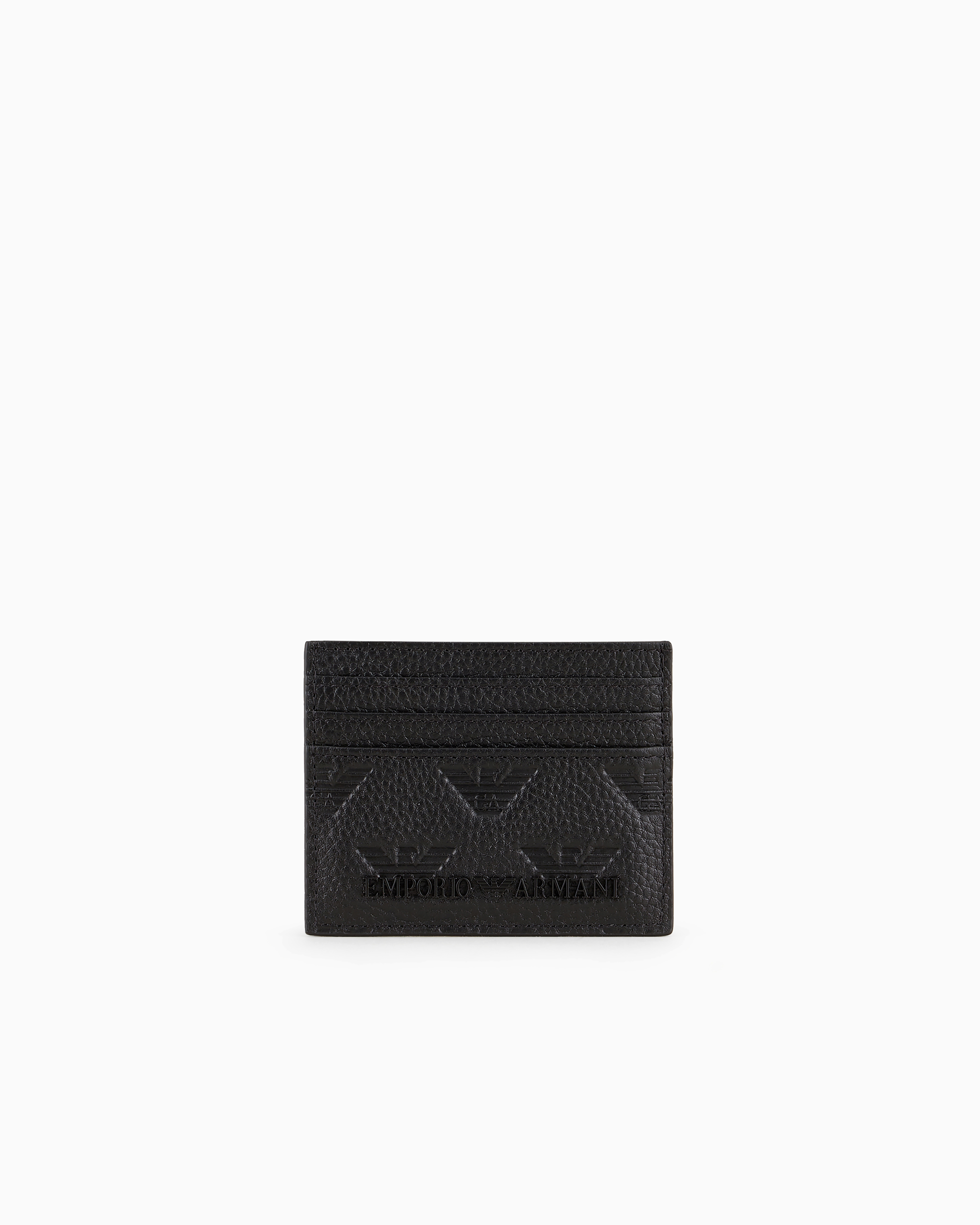 Emporio Armani Leather Card Holder With All-over Embossed Eagle In Black