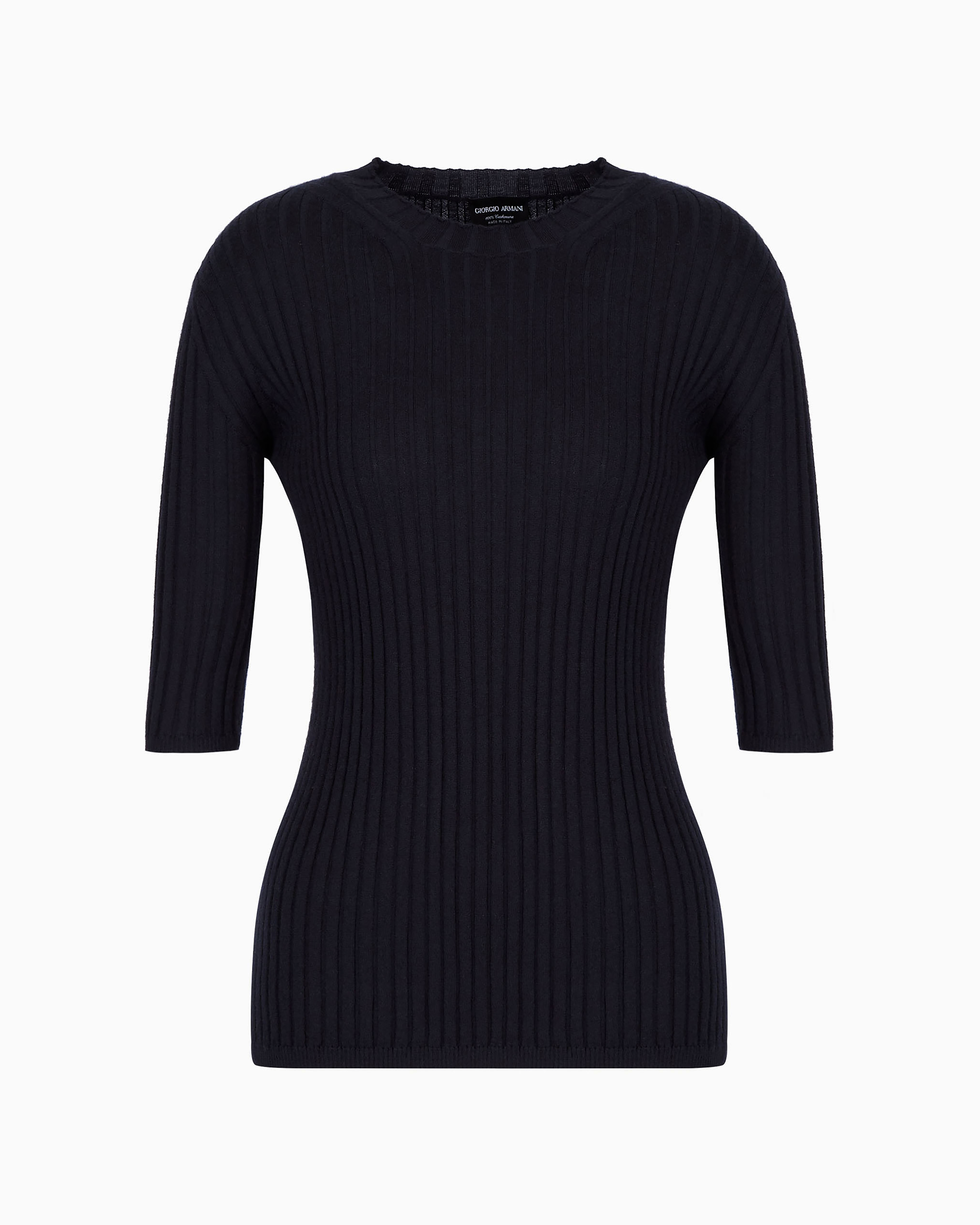 Giorgio Armani Official Store Pure Cashmere Ribbed Crew-neck Jumper In Navy Blue