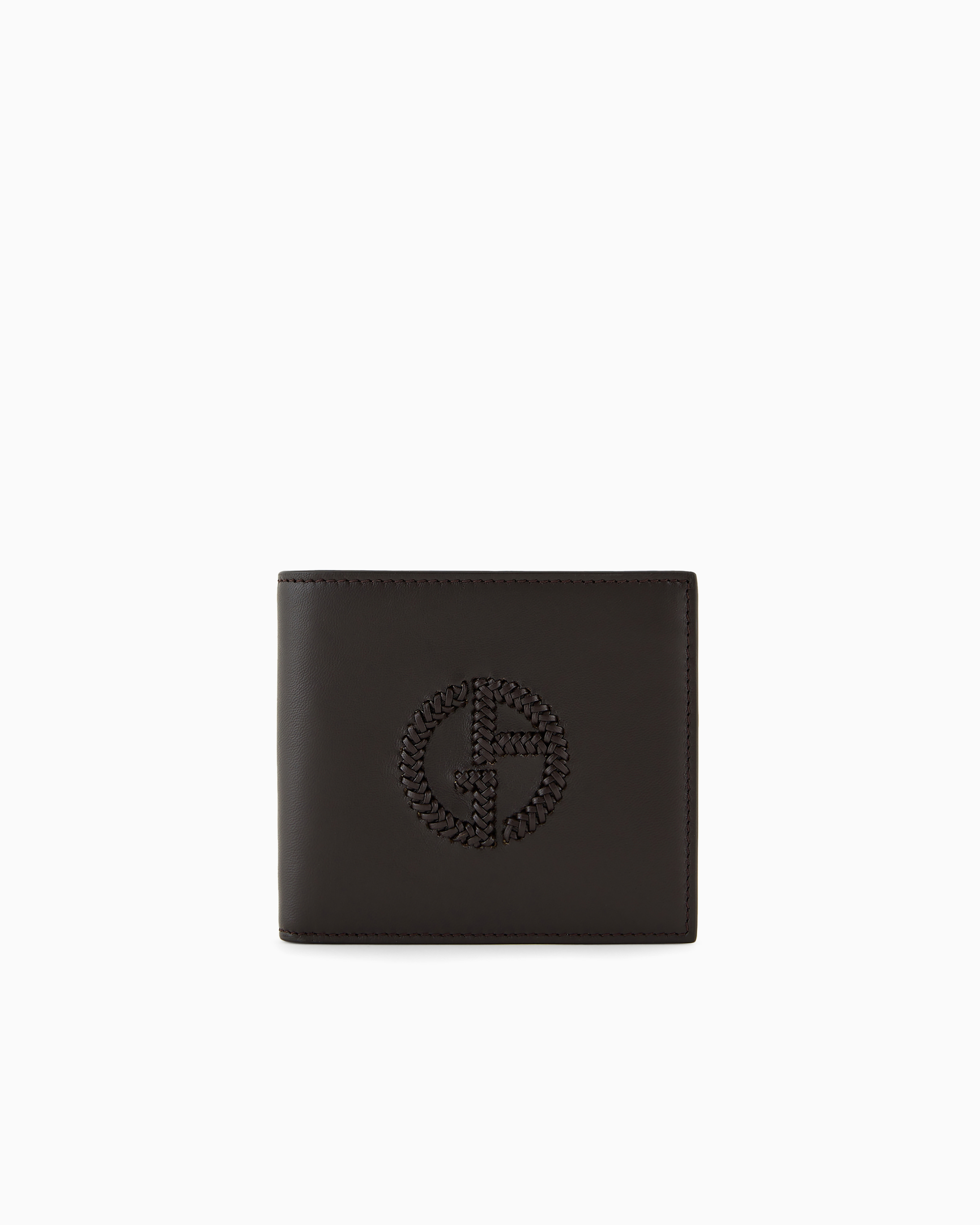 Giorgio Armani Official Store Leather Bifold Wallet With Coin Purse With Embroidered Logo In Black