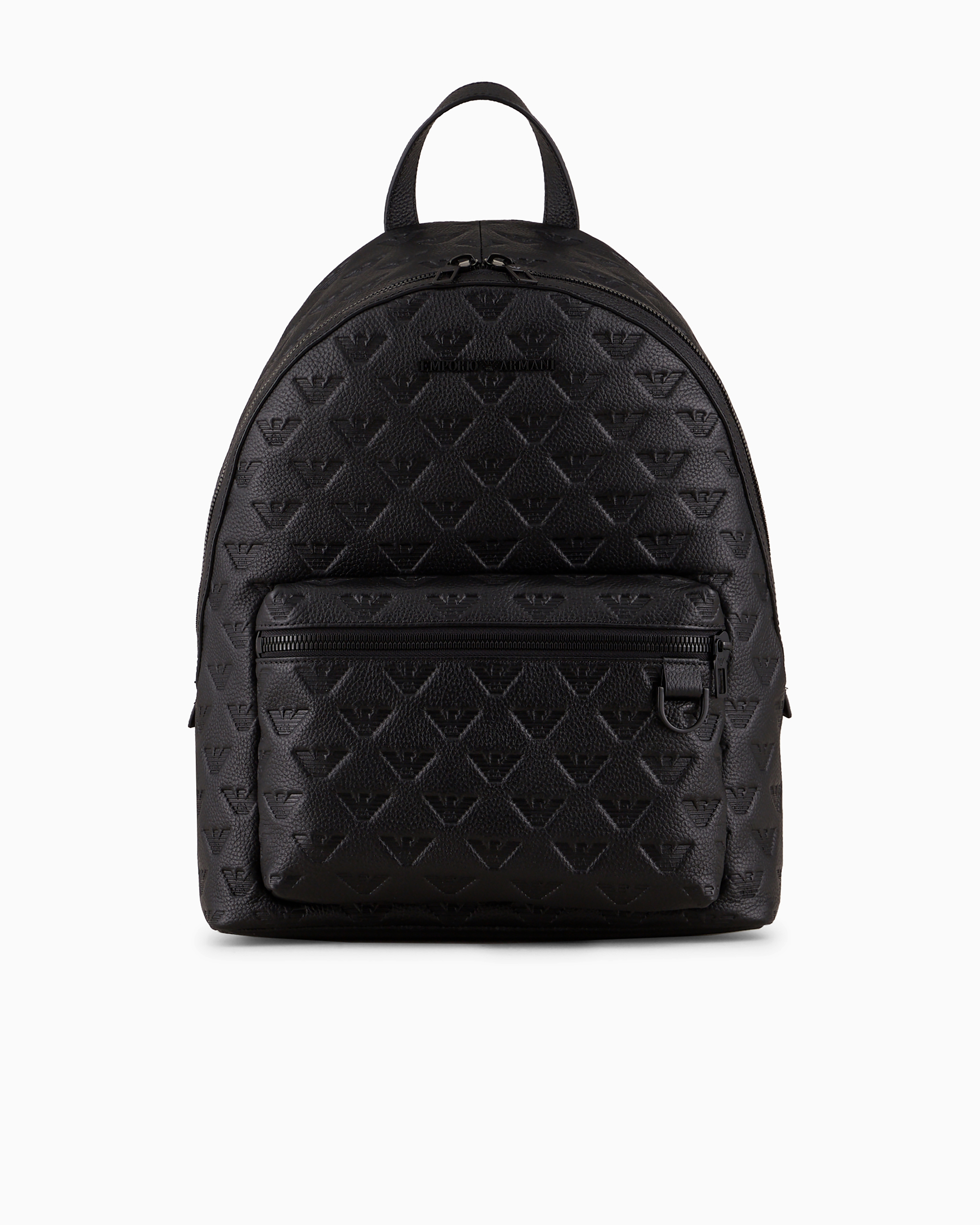 Emporio Armani Round Leather Backpack With All-over Embossed Eagle In 81072black