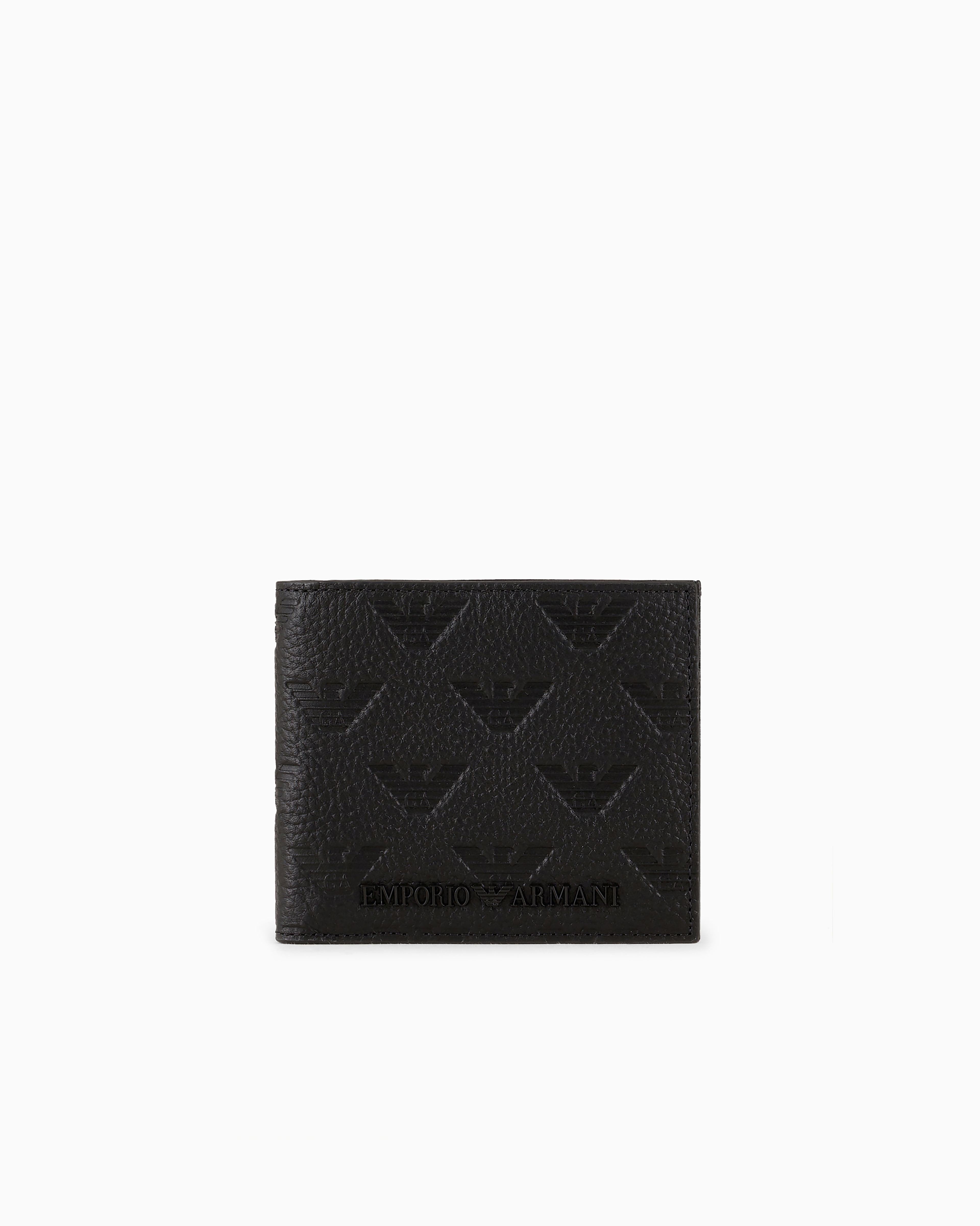 Emporio Armani Leather Coin-pocket Wallet With All-over Embossed Eagle In Black