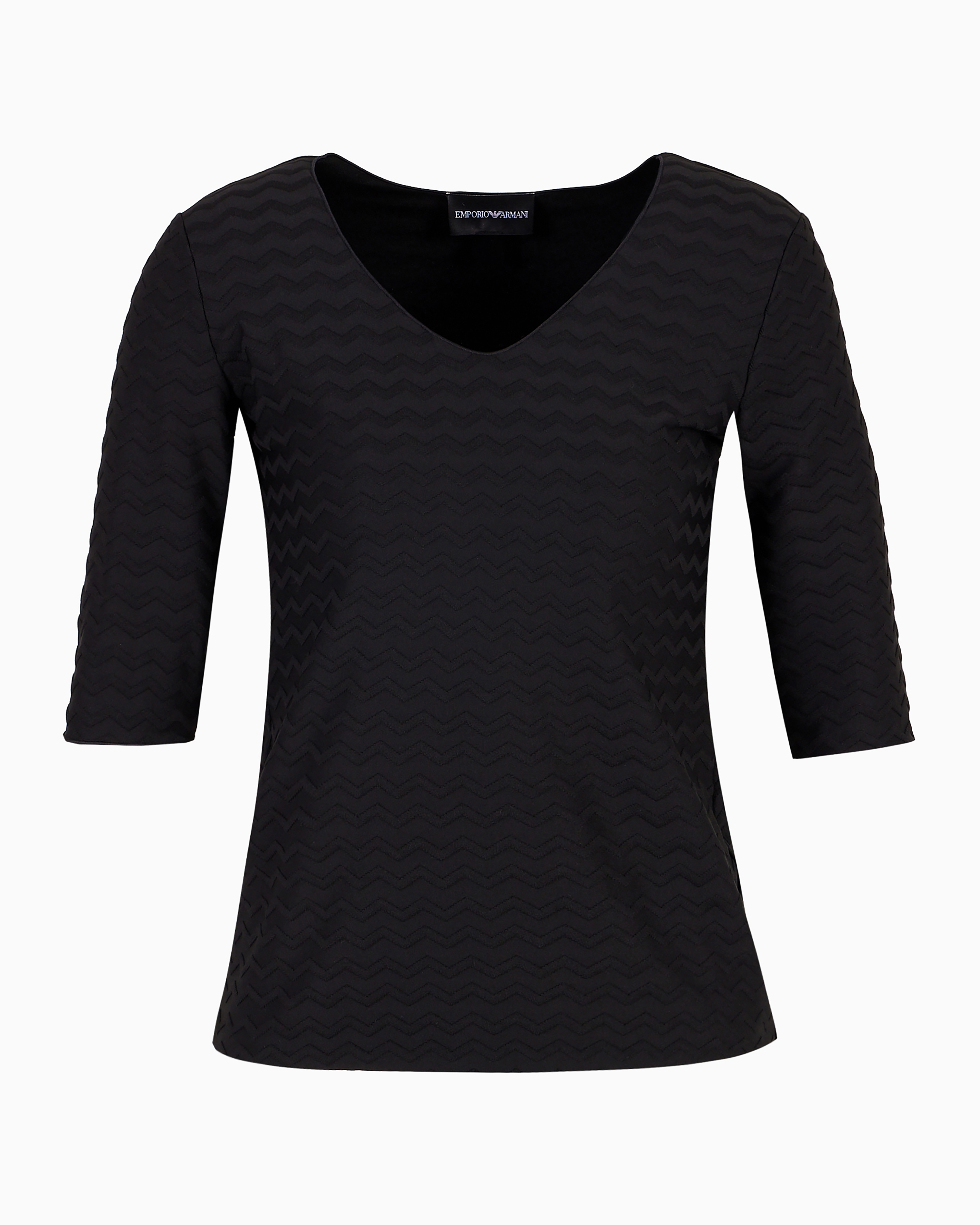 Emporio Armani Official Store Two-way Stretch Jacquard Jersey V-neck Jumper With Three-quarter Length Sleeves In Black