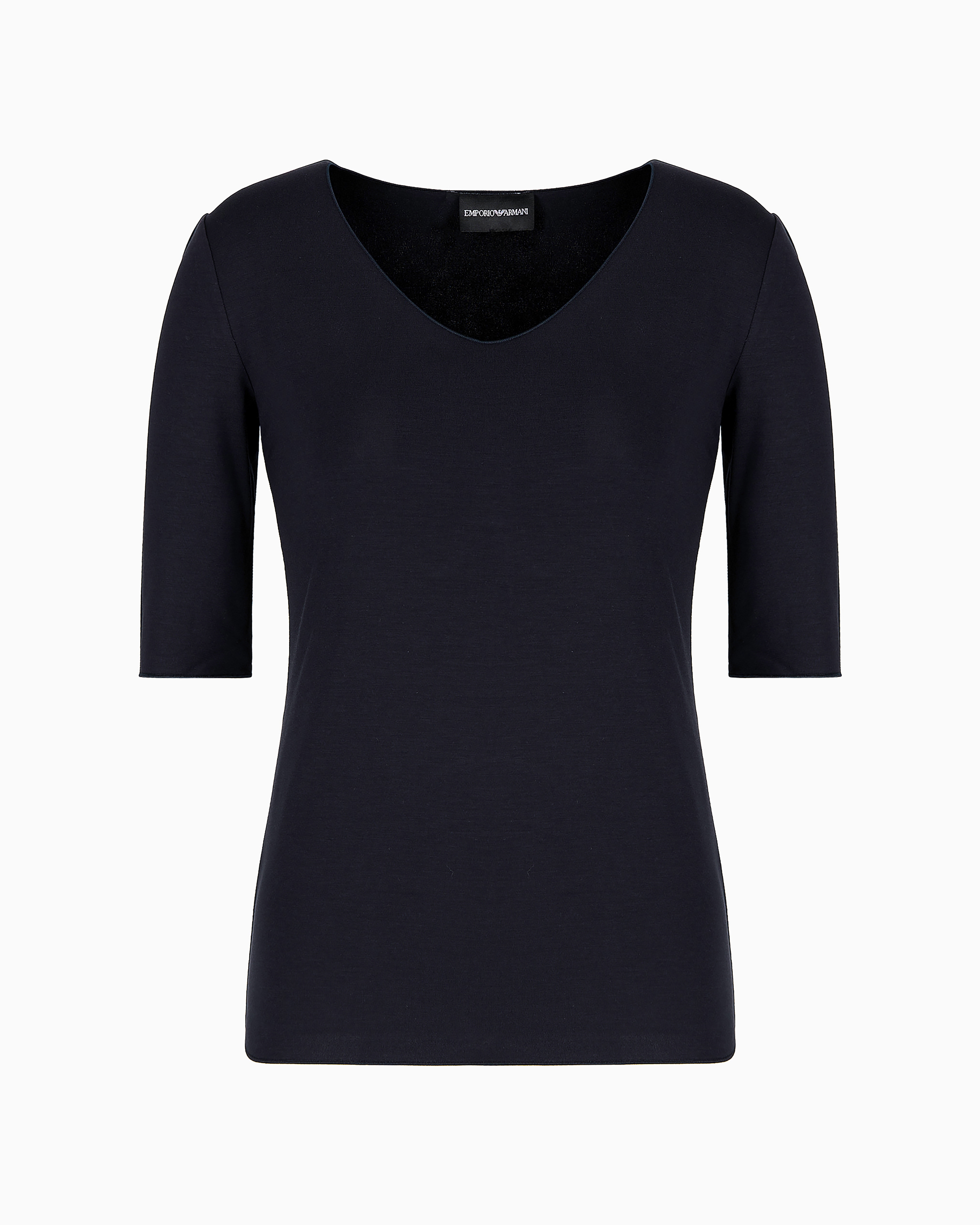 Emporio Armani Official Store Viscose Stretch Jersey V-neck Jumper With Three-quarter Length Sleeves In Navy Blue