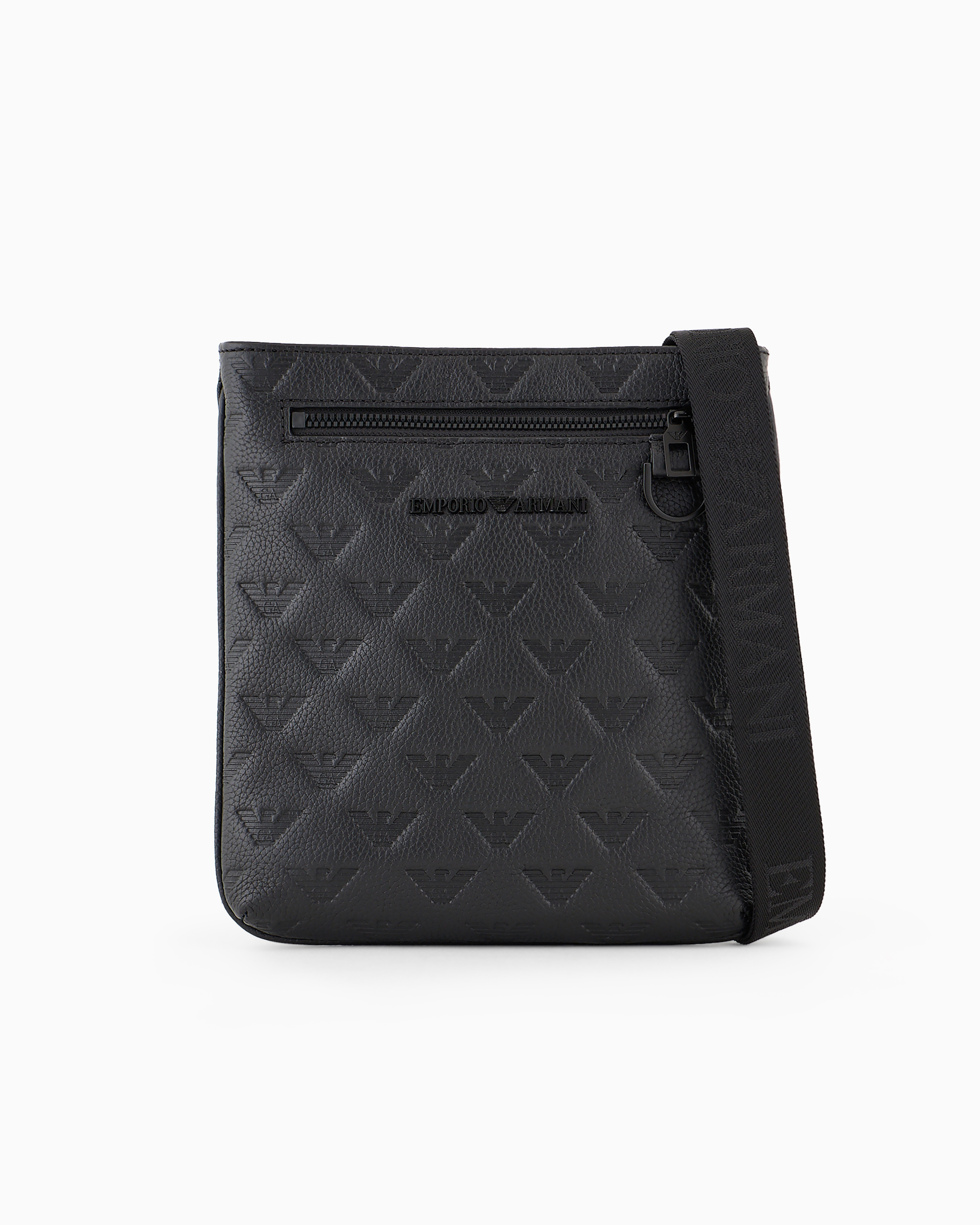 Emporio Armani Official Store Flat Leather Shoulder Bag With All-over Embossed Eagle In Black