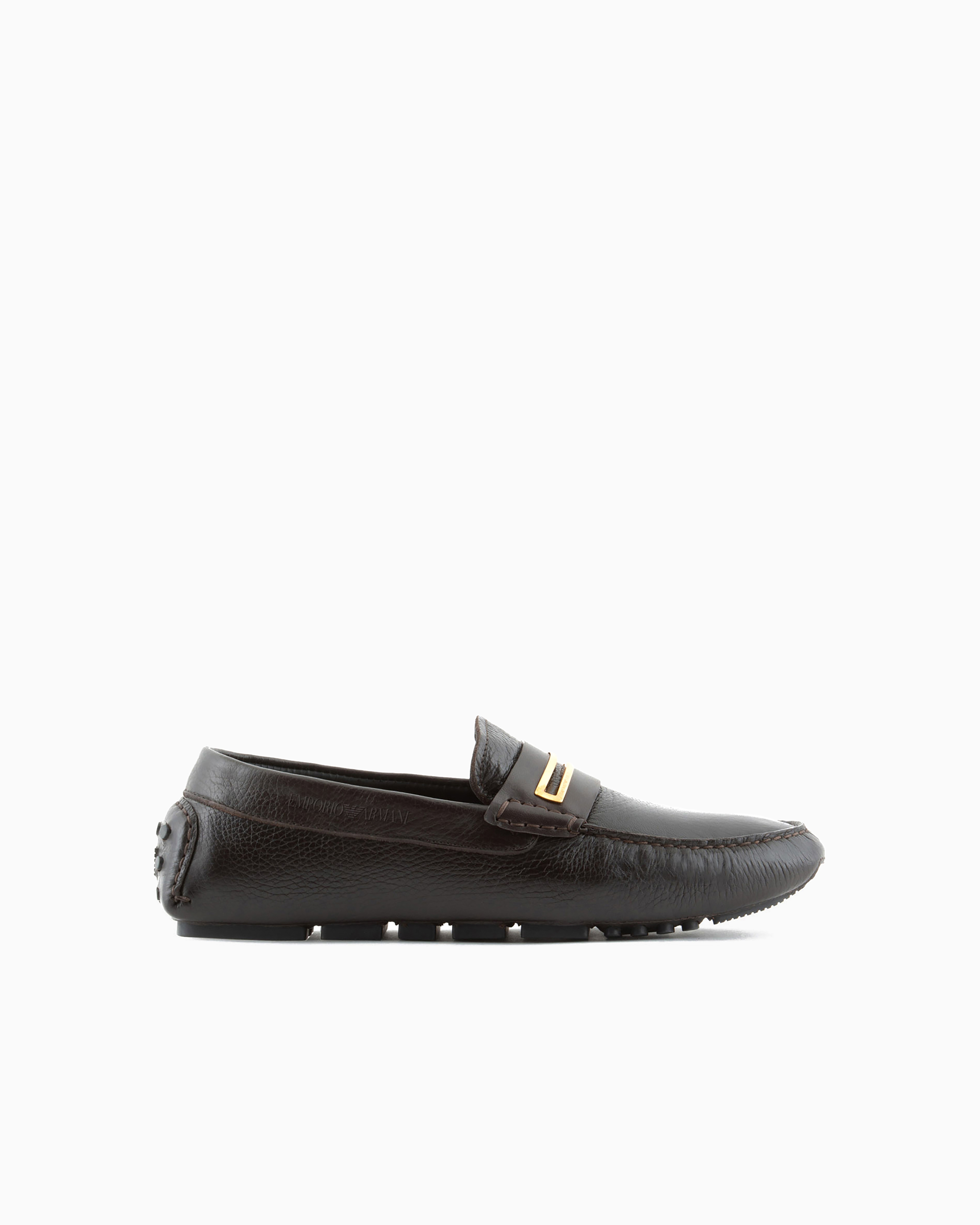 Emporio Armani Official Store Pebbled Leather Driving Loafers With Stirrup Bar In Brown