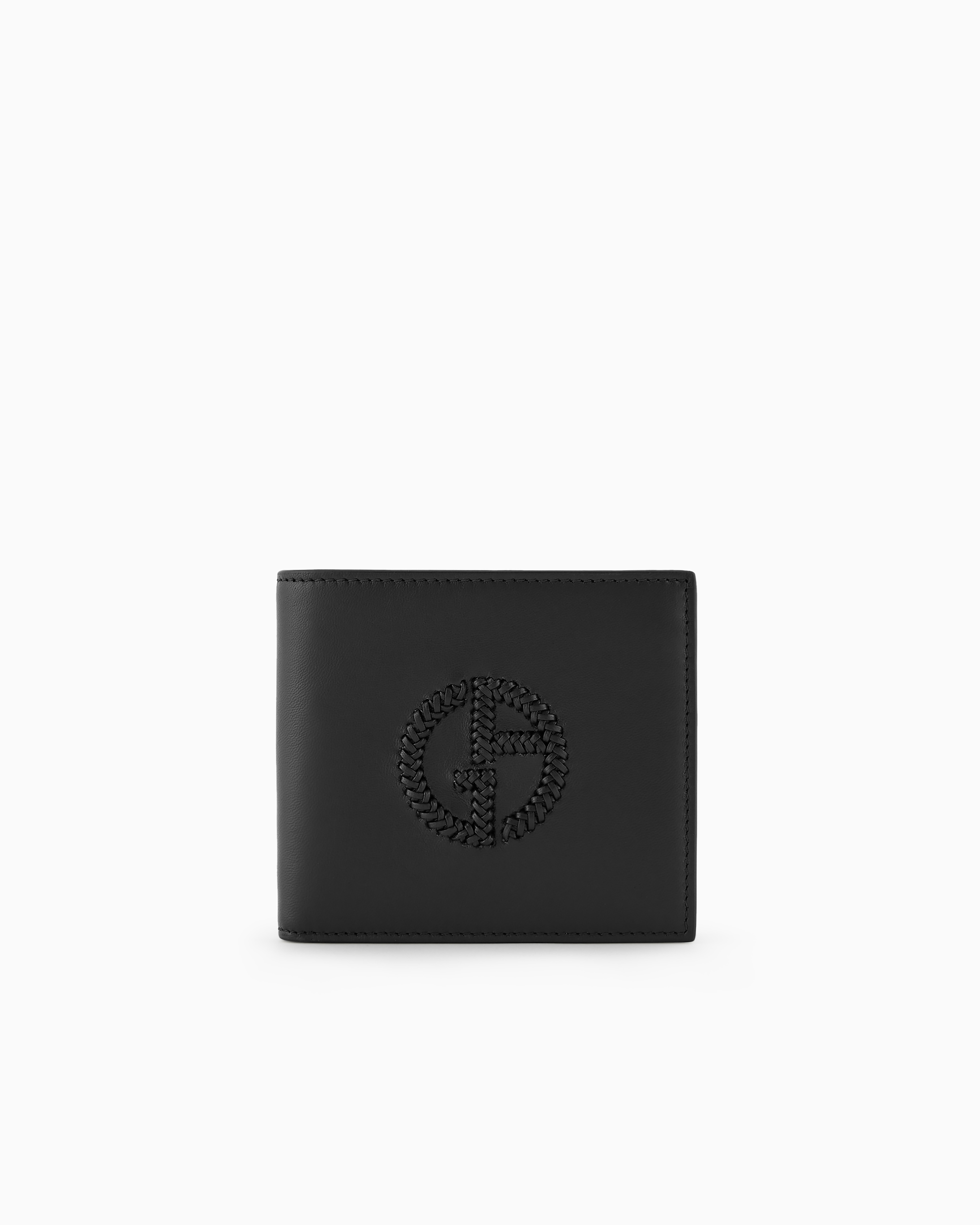 Giorgio Armani Official Store Leather Bifold Wallet With Coin Purse With Embroidered Logo In Black