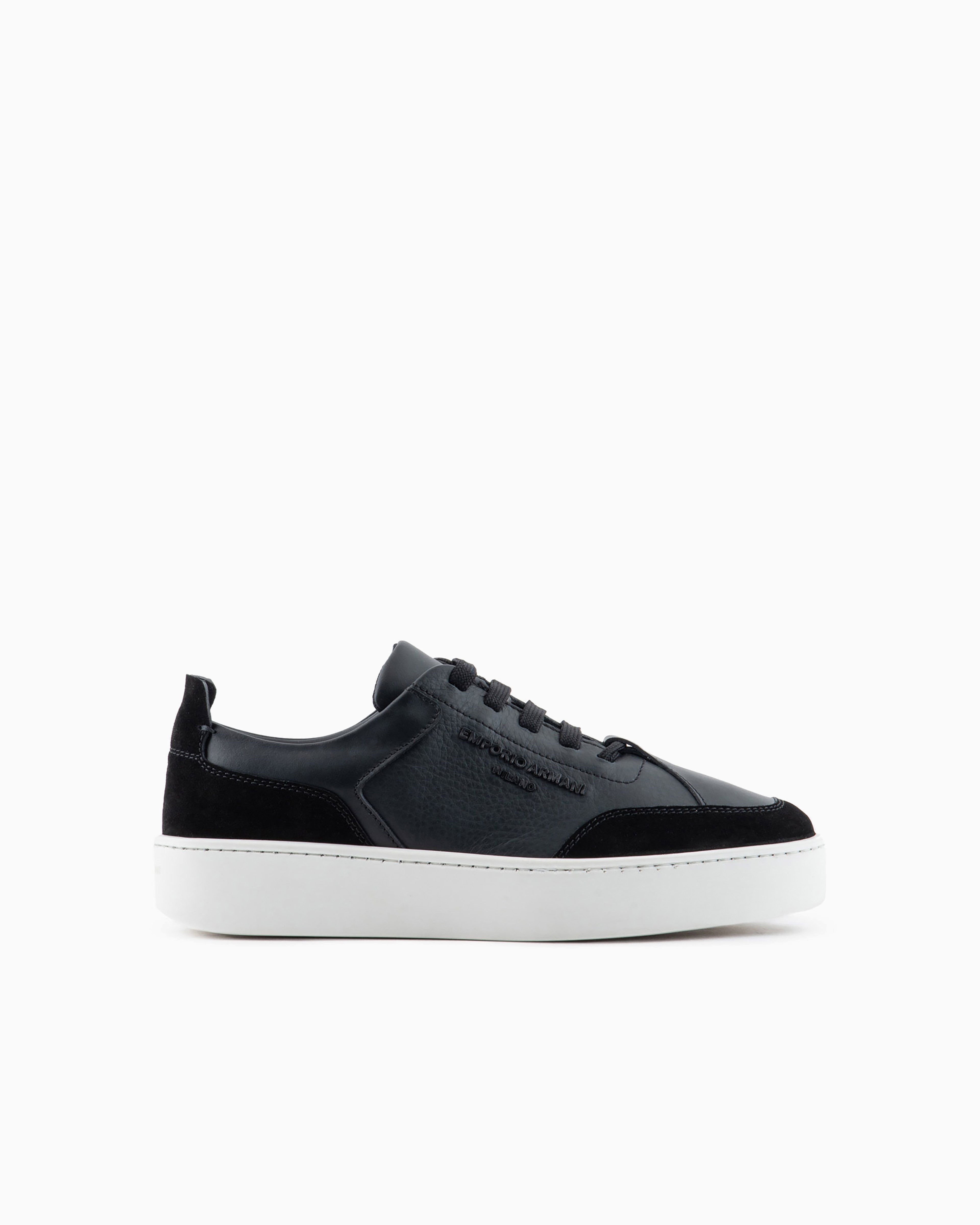 Emporio Armani Official Store Leather Sneakers With Suede Details And Embossed Logo In Black