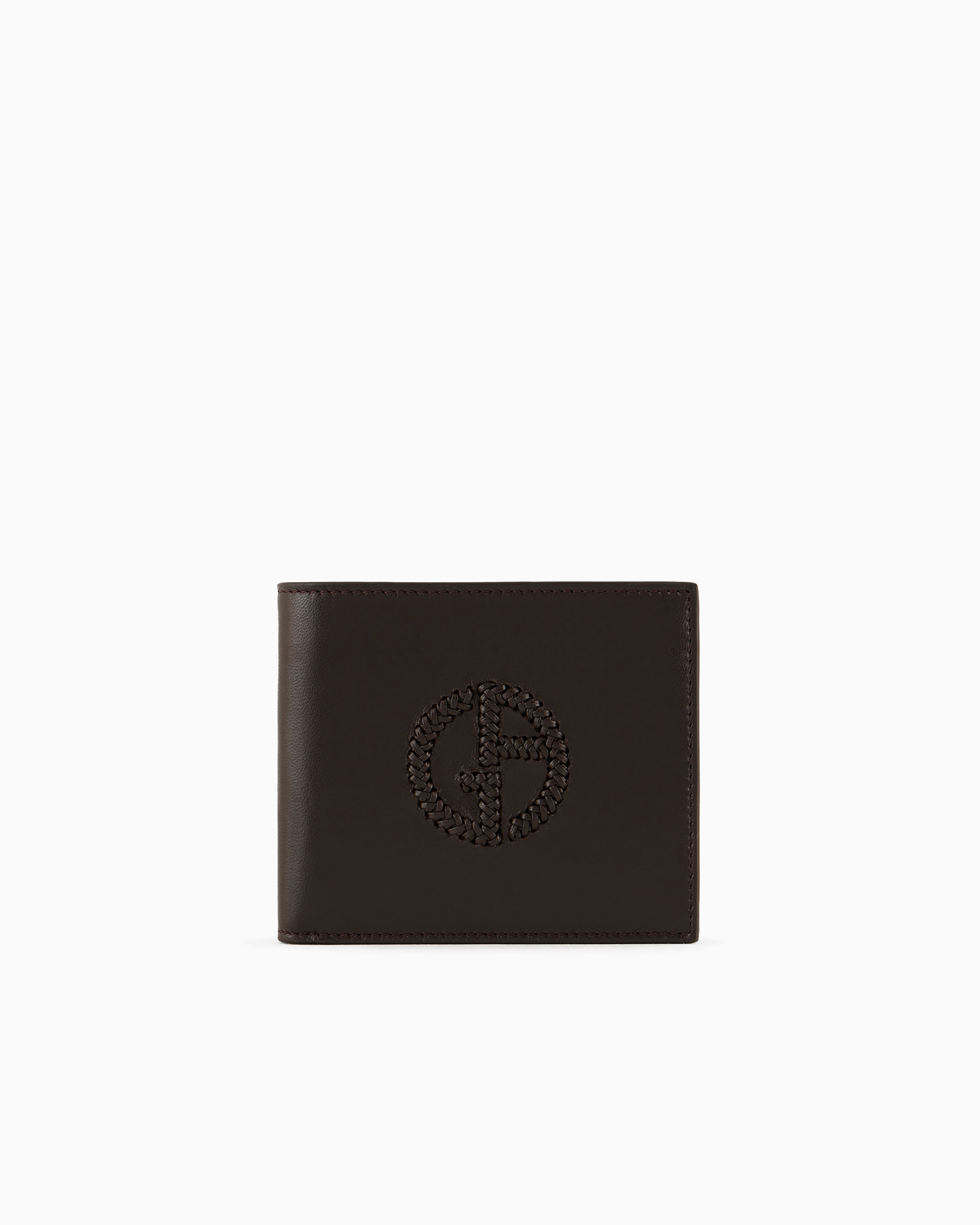 Giorgio Armani Official Store Leather Bifold Wallet With Embroidered Logo In Brown