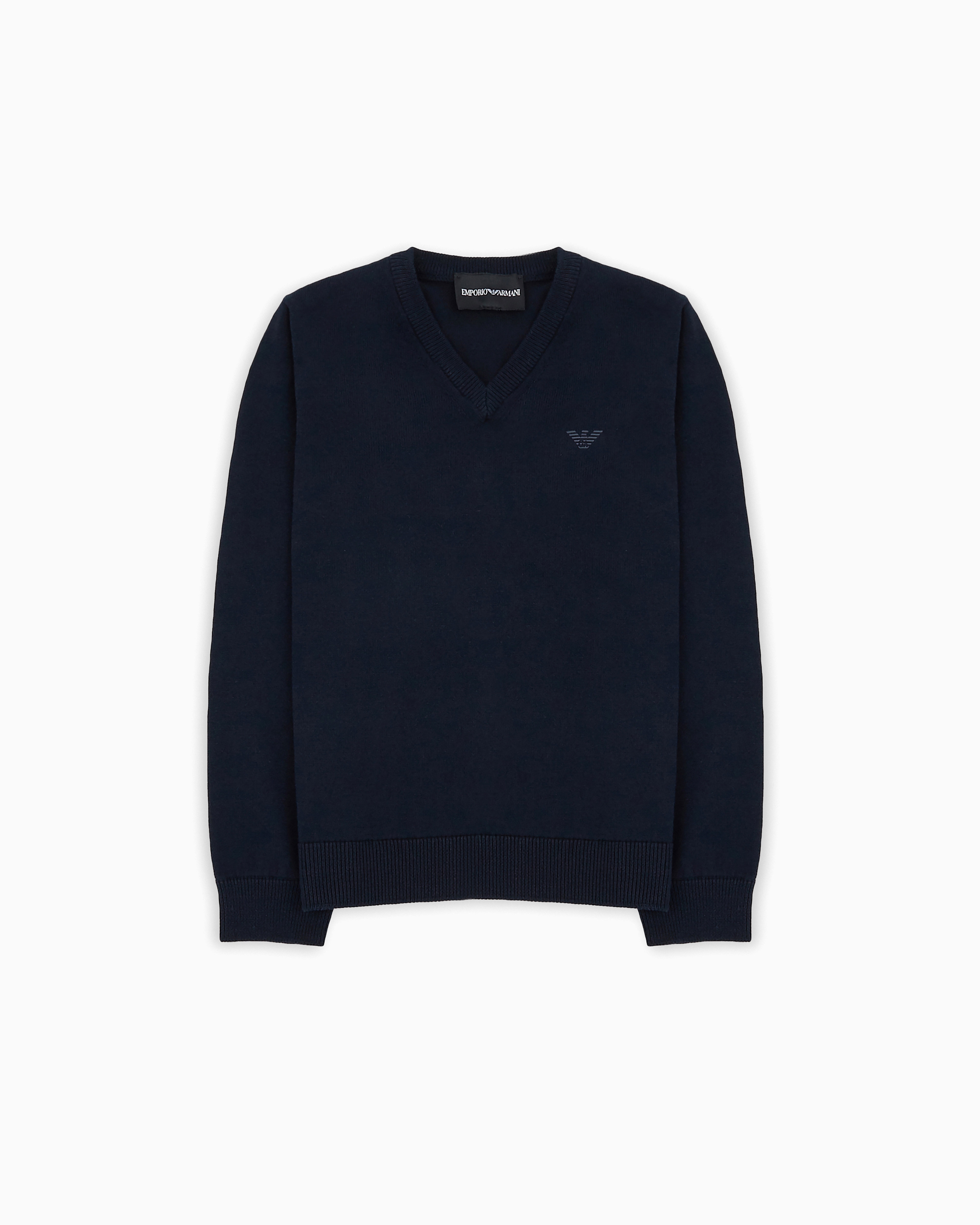 Emporio Armani Official Store Cob-stitch Cotton V-neck Jumper In Blue