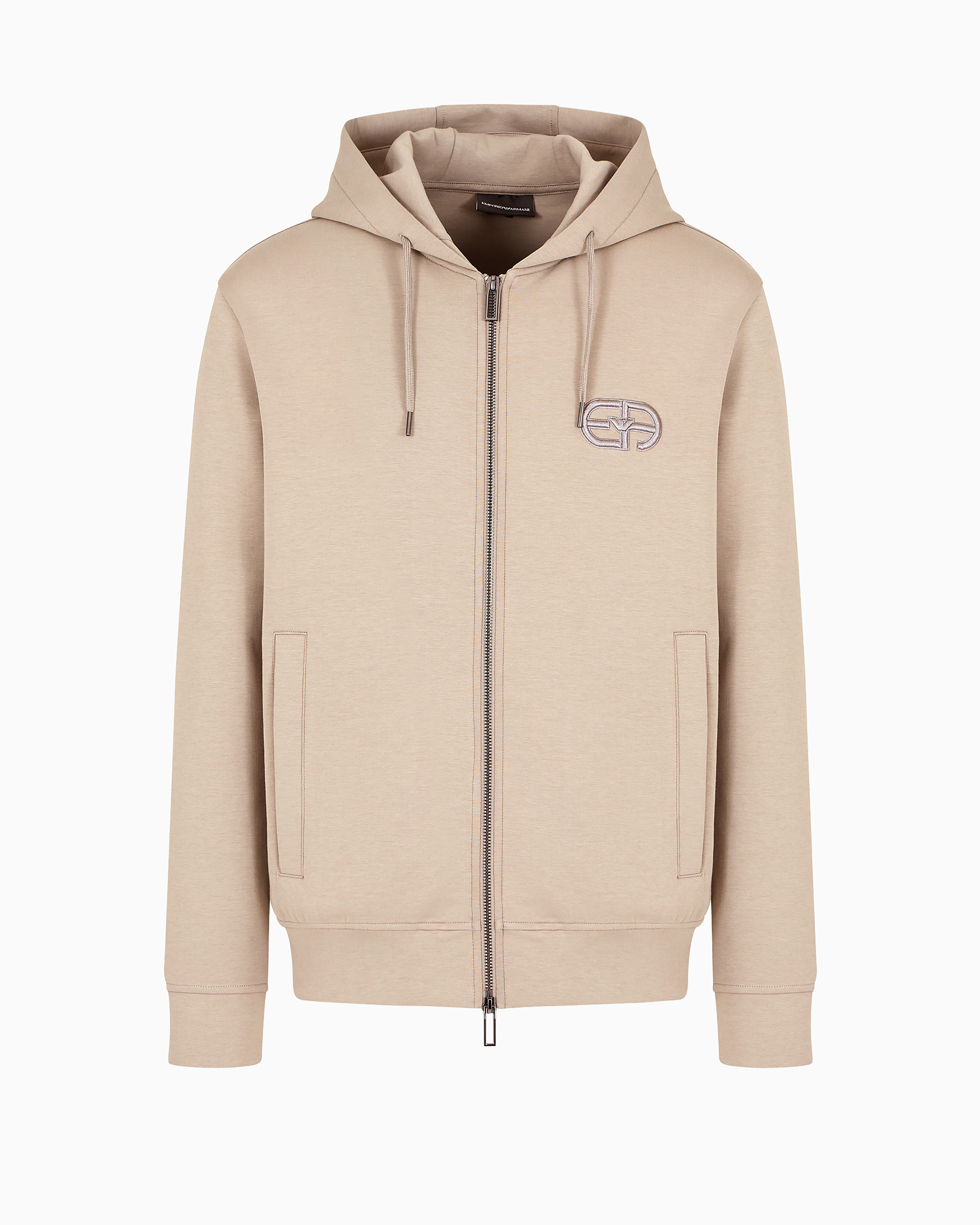 Emporio Armani Double-jersey Zip-up Hooded Sweatshirt With Embossed, Embroidered Ea Logo In Beige