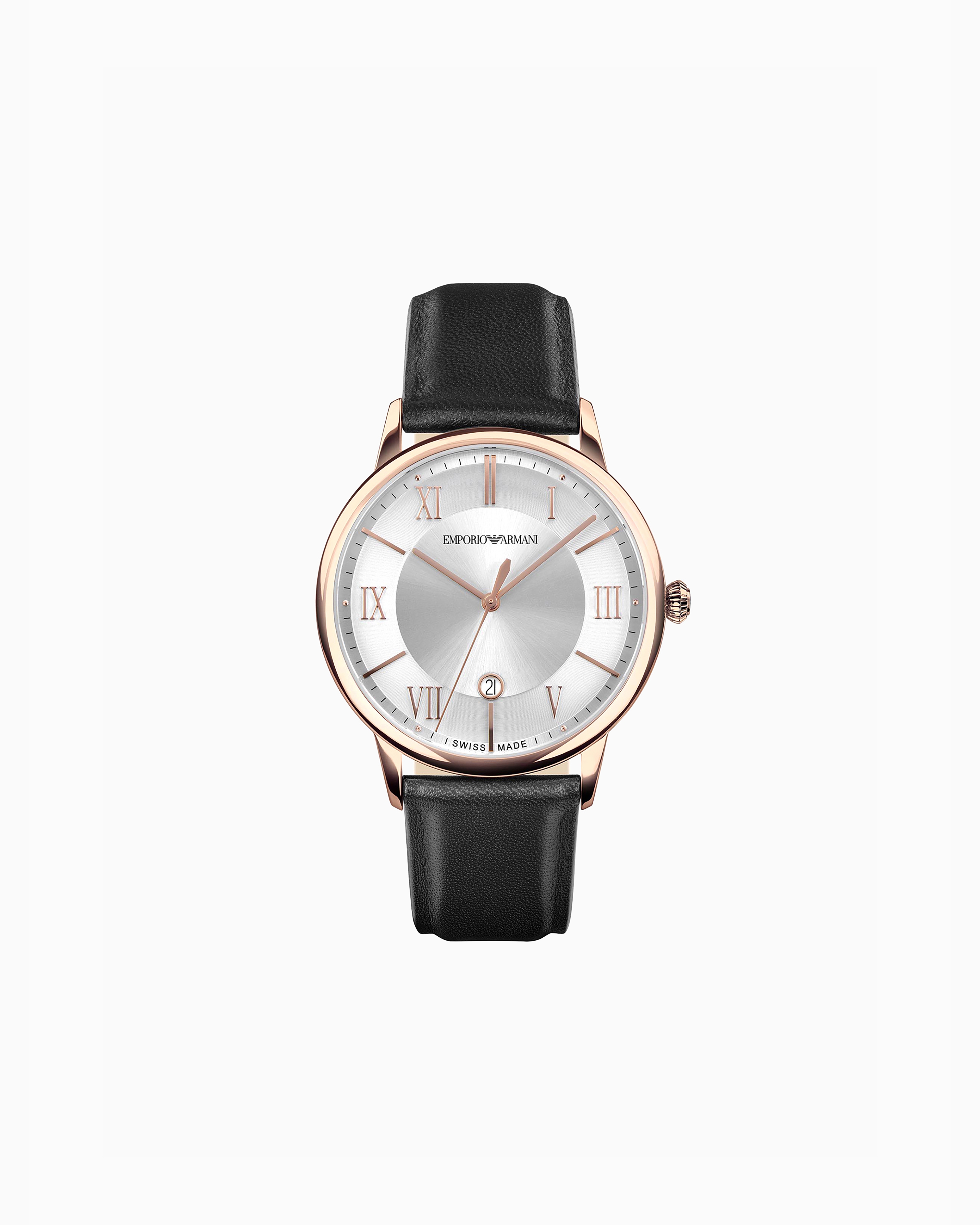 Emporio Armani Swiss Made Three-hand Date Black Leather Watch In Multicoloured