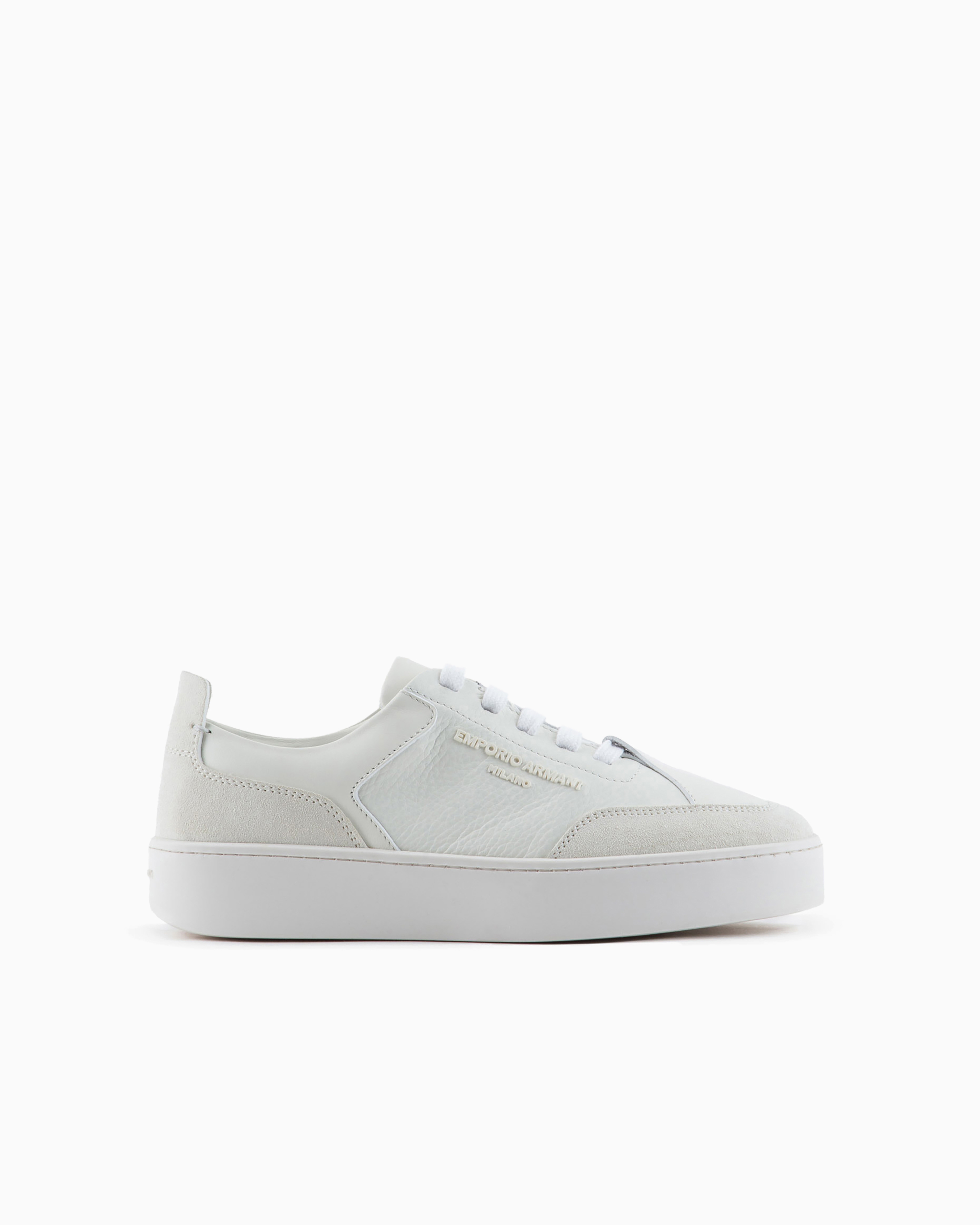 Emporio Armani Official Store Leather Sneakers With Suede Details And Embossed Logo In White