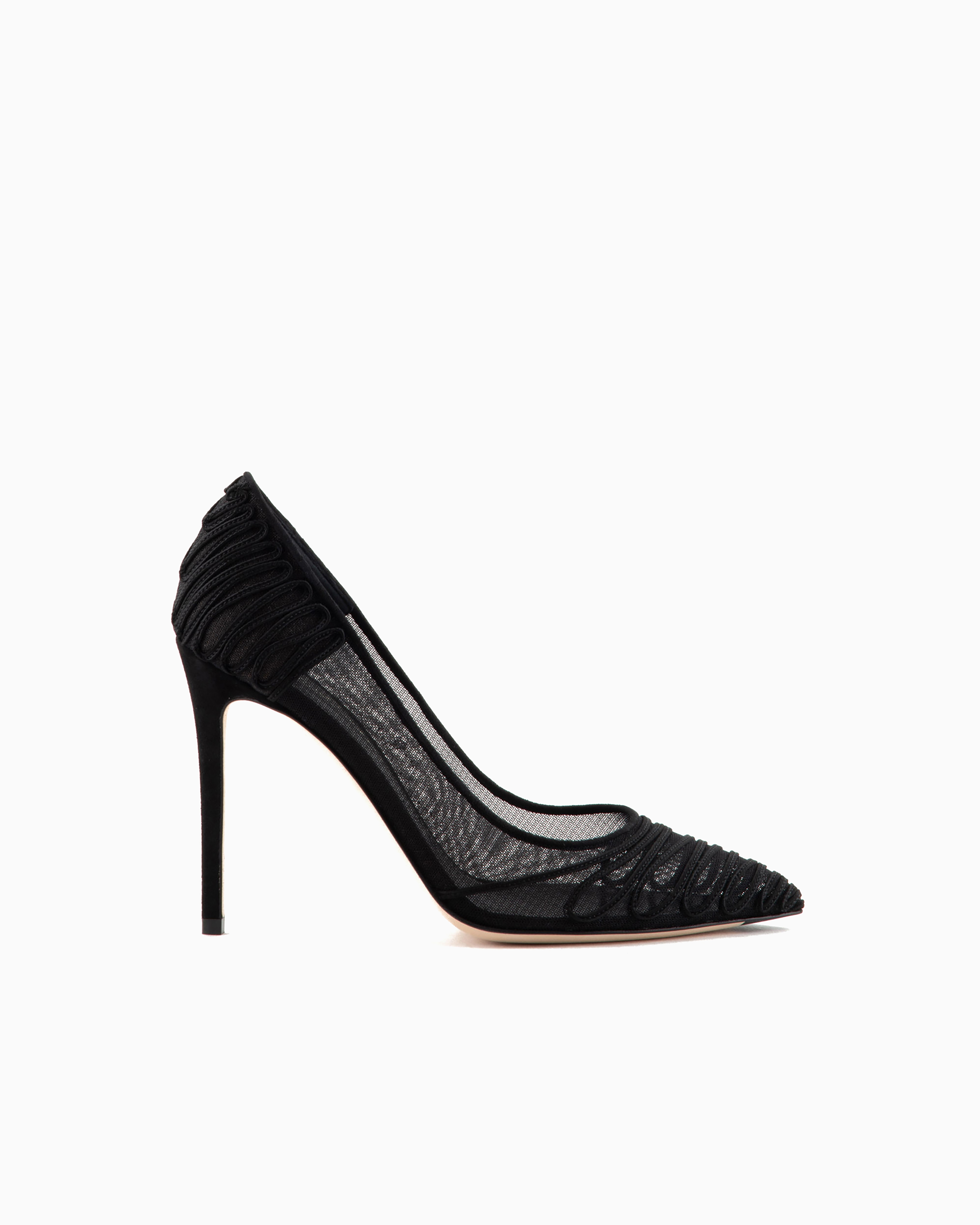 Giorgio Armani Official Store Tulle Court Shoes With Suede Embroidery In Black