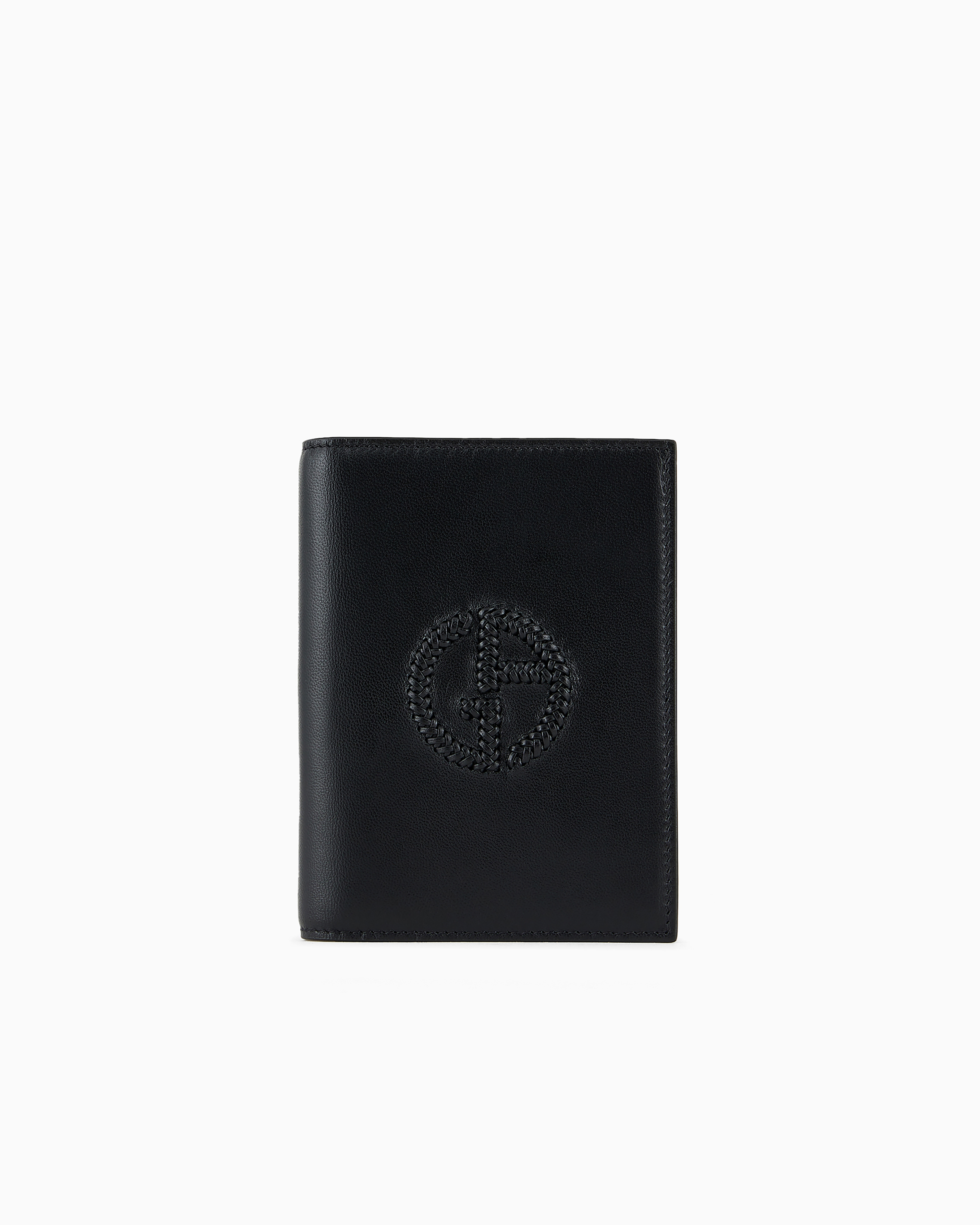 Giorgio Armani Official Store Leather Bifold Passport Holder With Embroidered Logo In Black