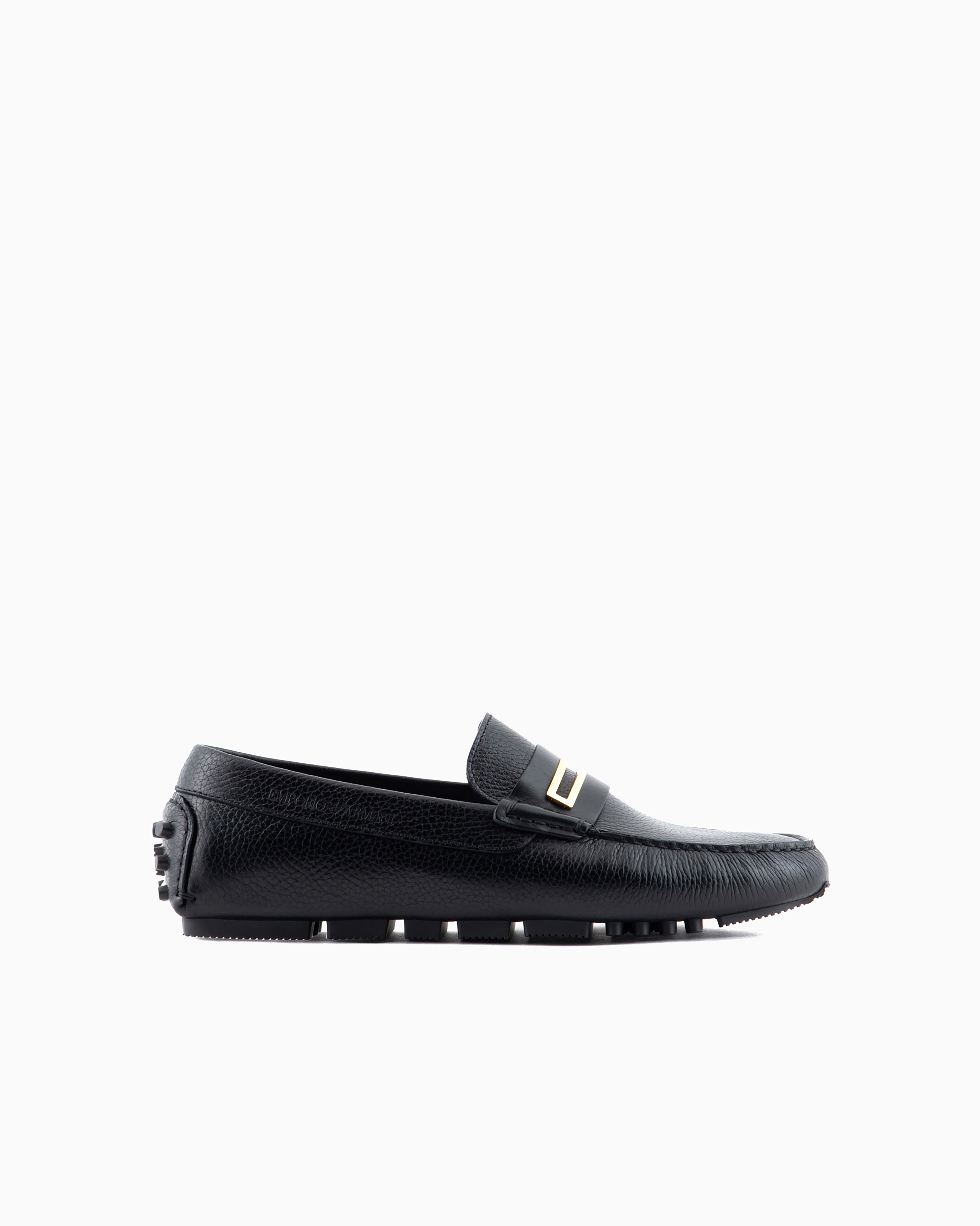 Emporio Armani Official Store Pebbled Leather Driving Loafers With Stirrup Bar In Black