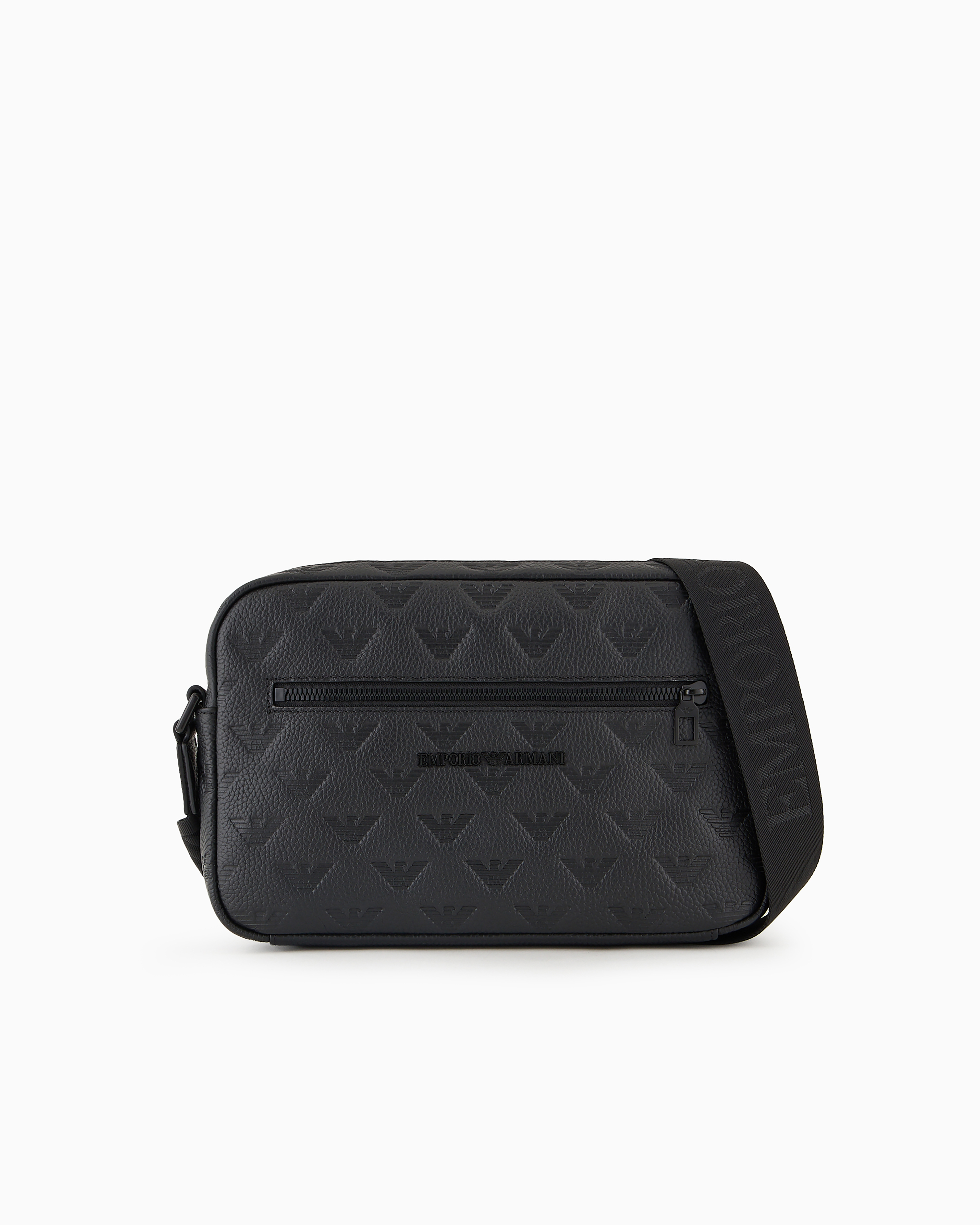 Emporio Armani Official Store Leather Shoulder Bag With All-over Embossed Eagle In Black