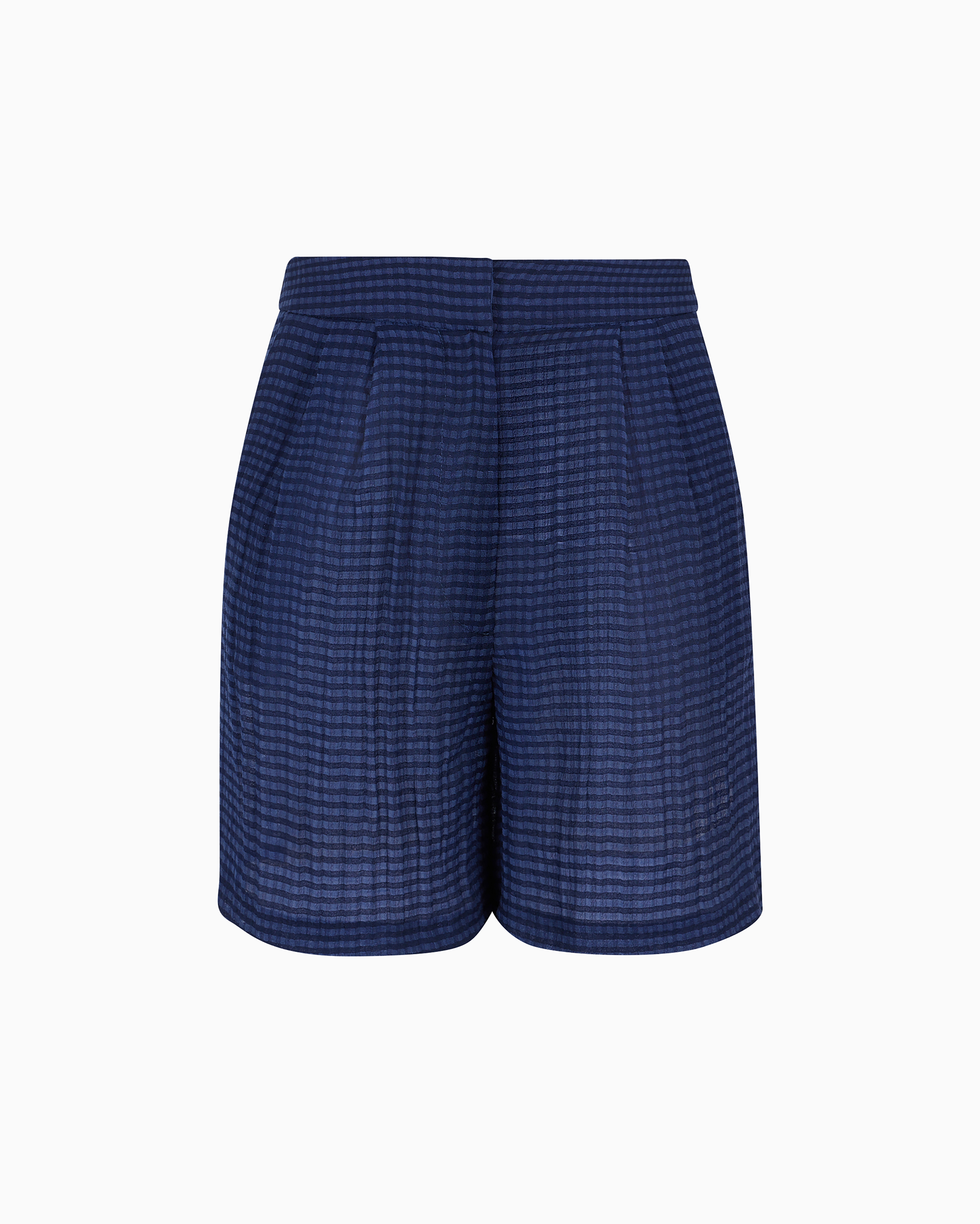 Emporio Armani Official Store Darted Bermuda Shorts In Gingham-effect Seersucker Fabric In Blue