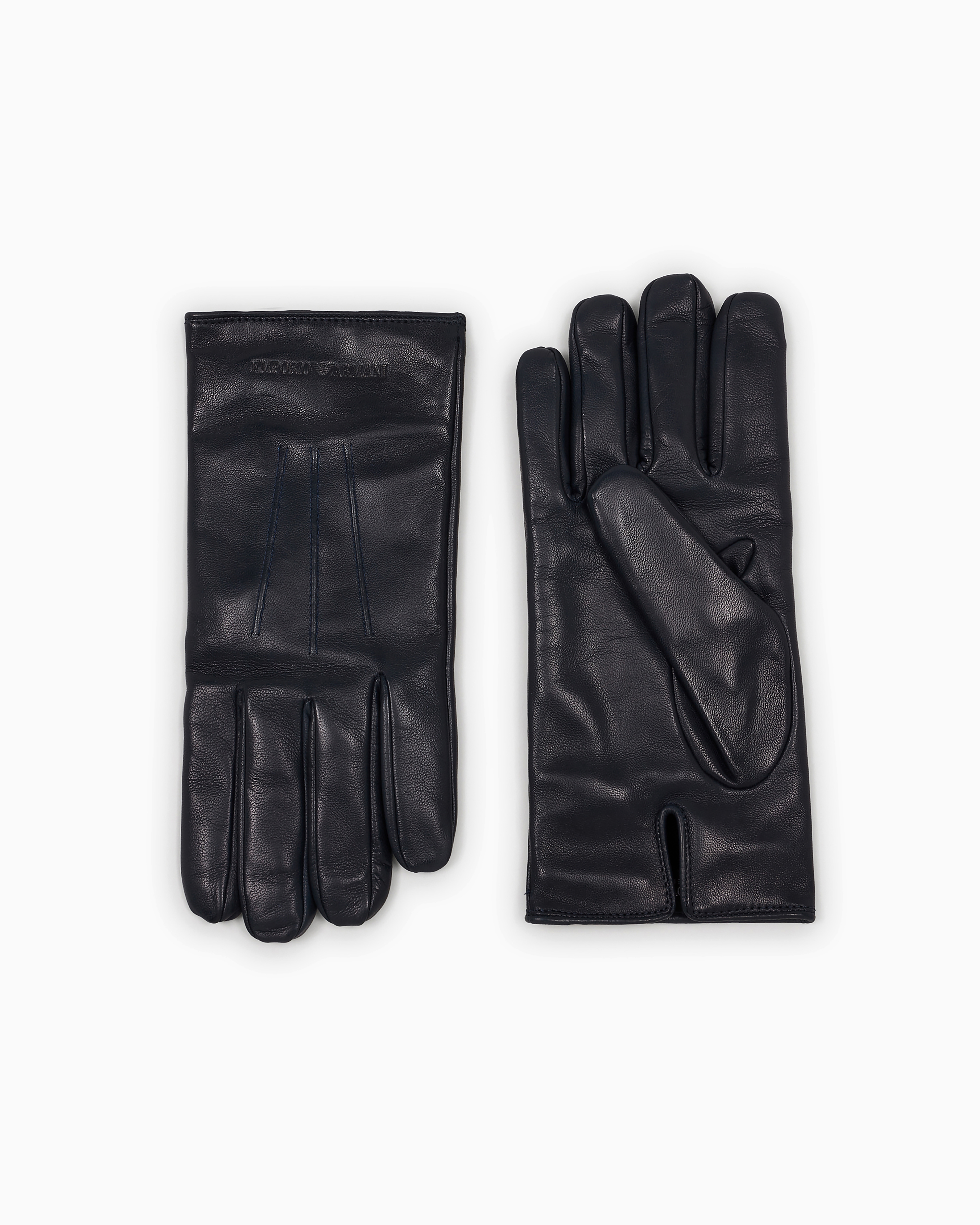 Emporio Armani Lambskin Nappa Leather Gloves With Baguette Detail In Blue