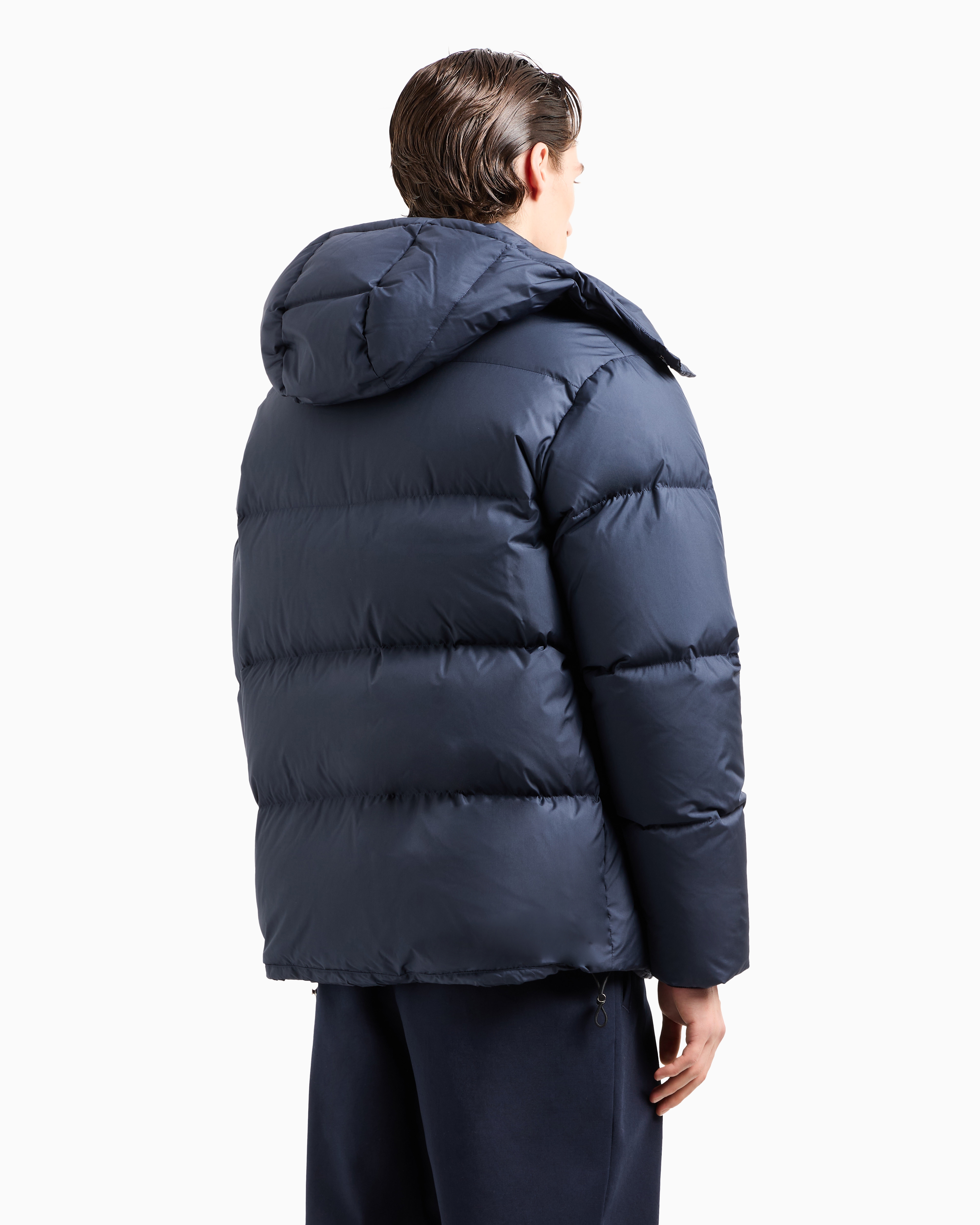 Giorgio Armani Official Store Hooded Bomber Jacket With Goose-down Padding Armani Sustainability Values In Navy Blue