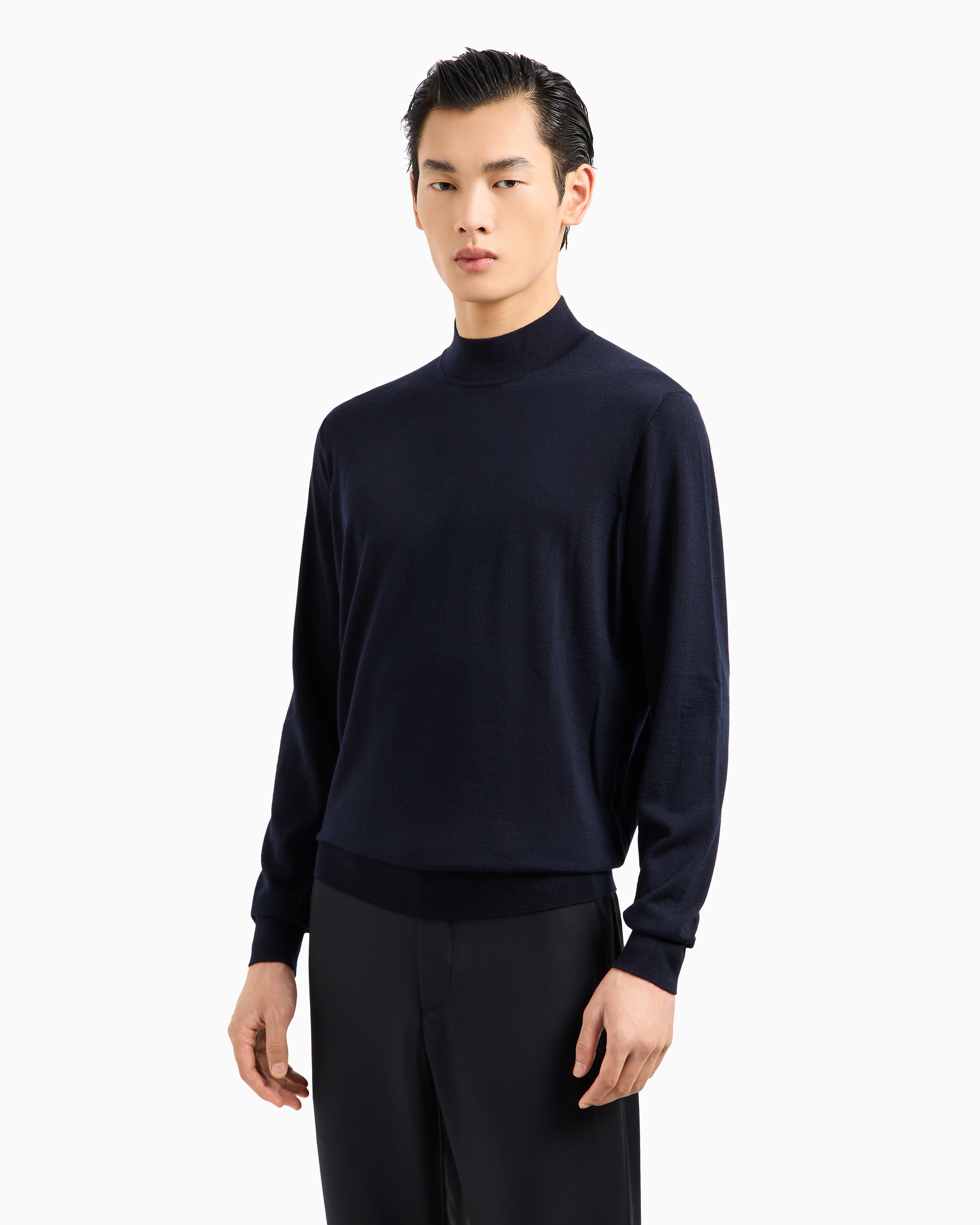 Shop Giorgio Armani Virgin-wool Mock-neck Jumper In Navy Blue