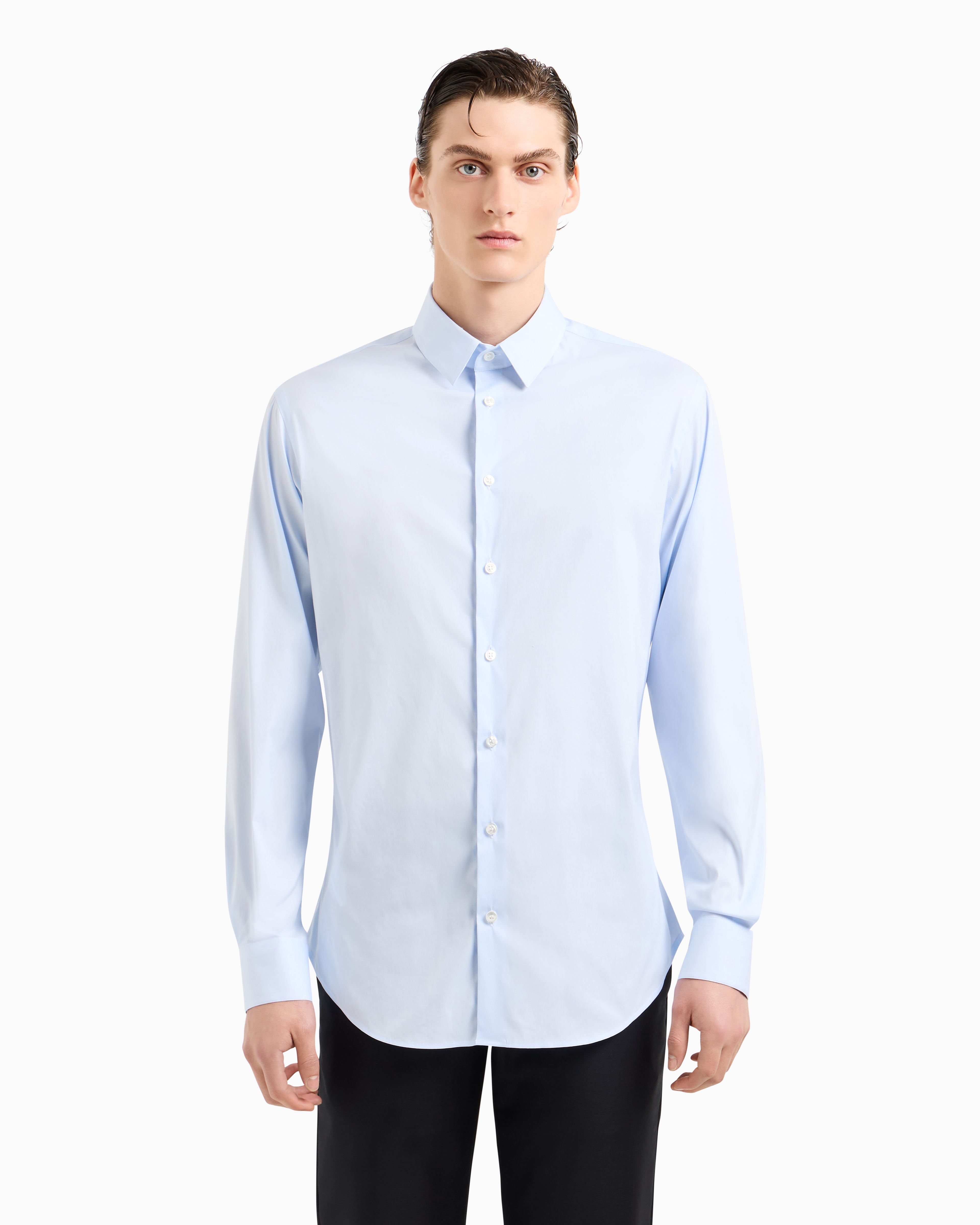 Giorgio Armani Official Store Stretch Fabric Shirt With Collar Stays In Azure