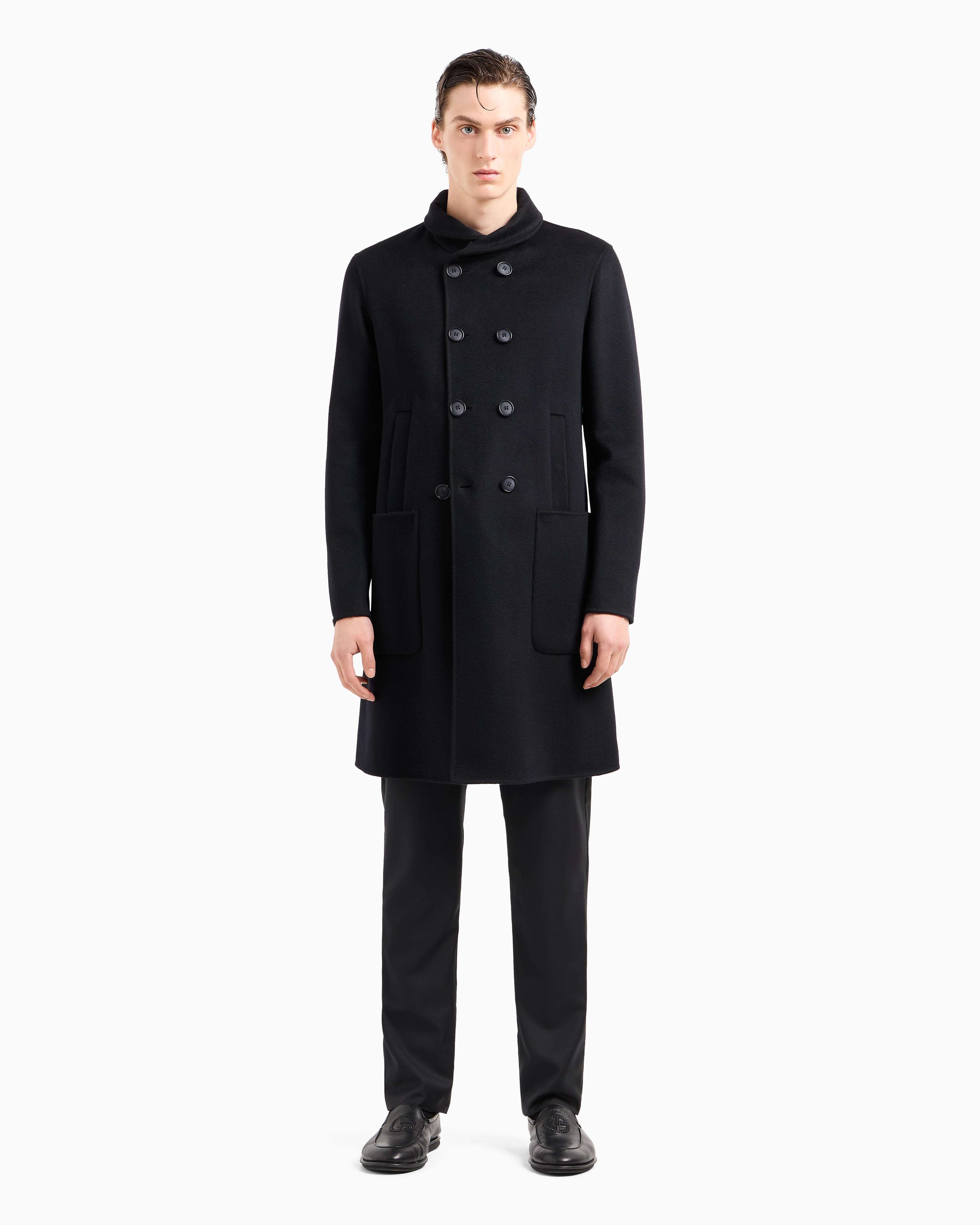 Shop Giorgio Armani Icon Double-breasted Coat In Double Cashmere In Navy Blue