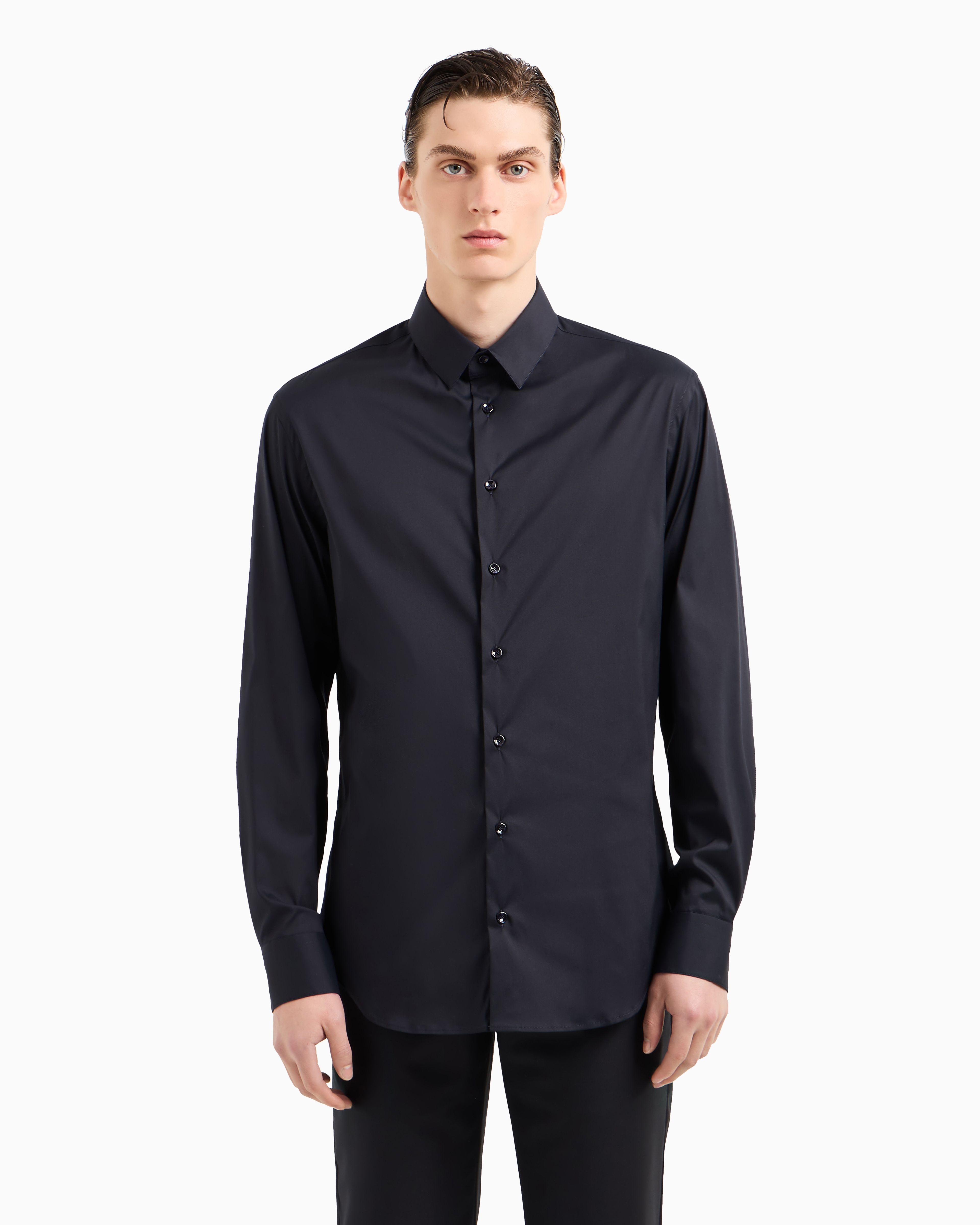 Giorgio Armani Long-sleeved Button-up Shirt In Navy Blue