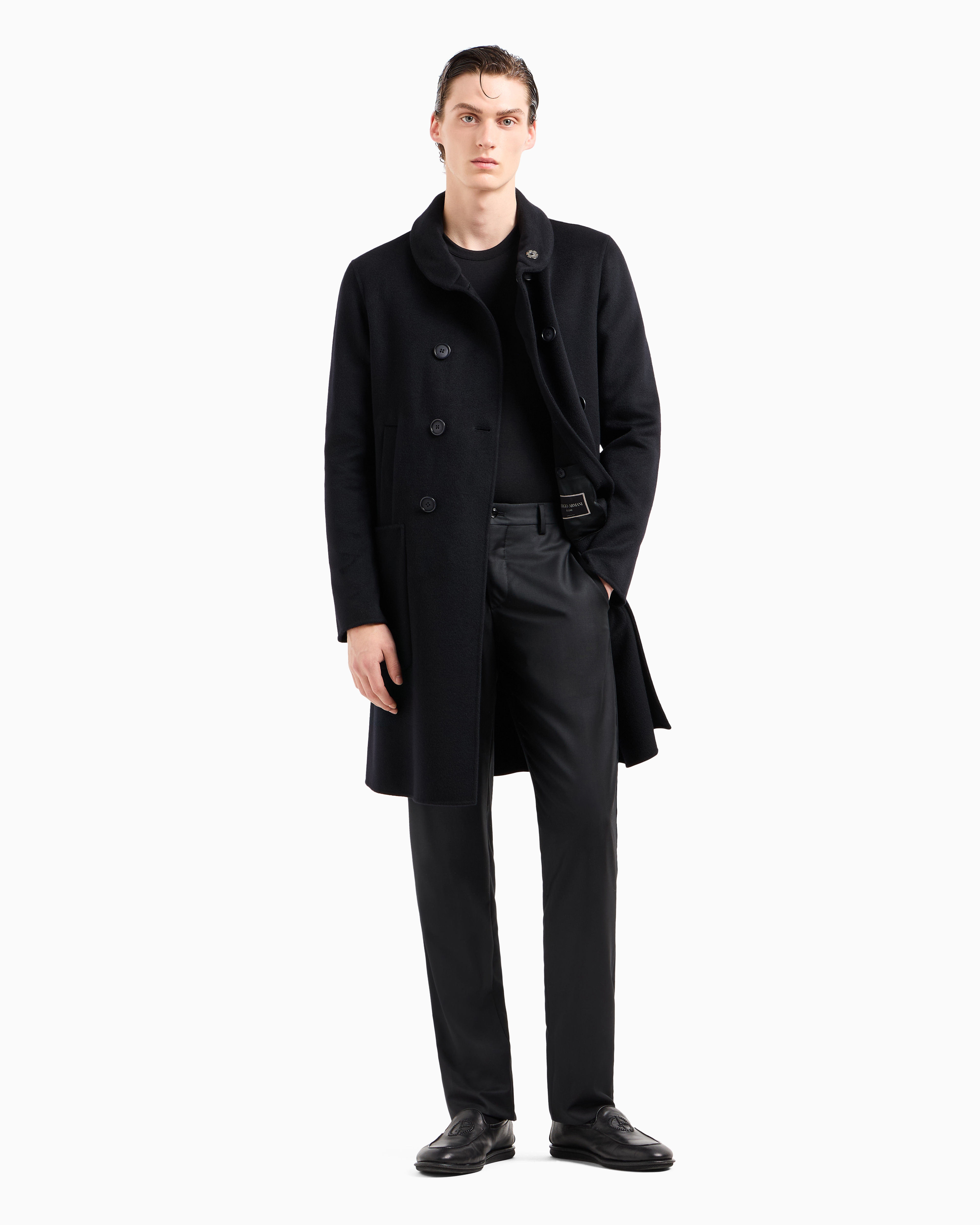 Shop Giorgio Armani Icon Double-breasted Coat In Double Cashmere In Navy Blue