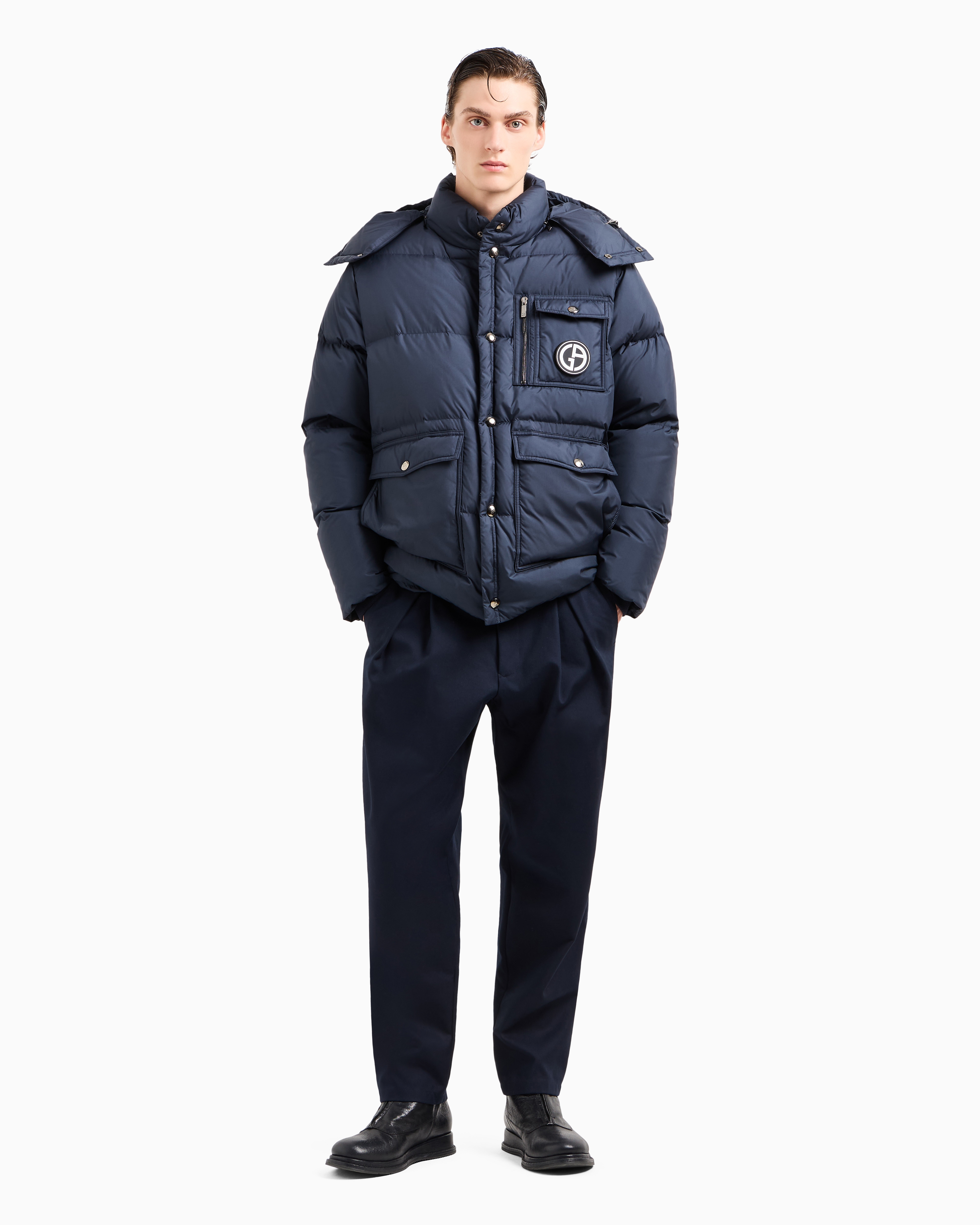 Giorgio Armani Official Store Hooded Bomber Jacket With Goose-down Padding Armani Sustainability Values In Navy Blue