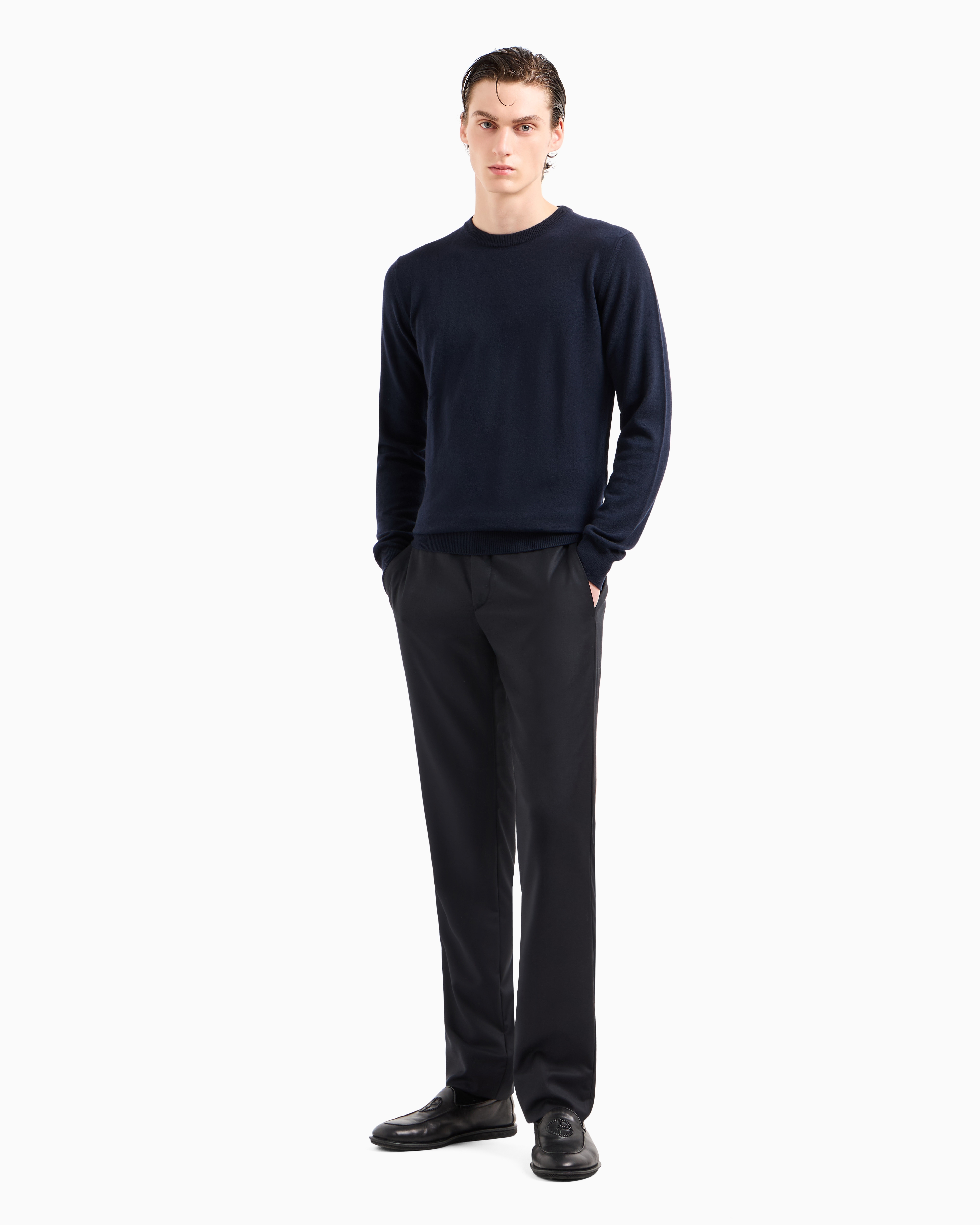 Giorgio Armani Official Store Pure Cashmere Crew-neck Jumper In Navy Blue
