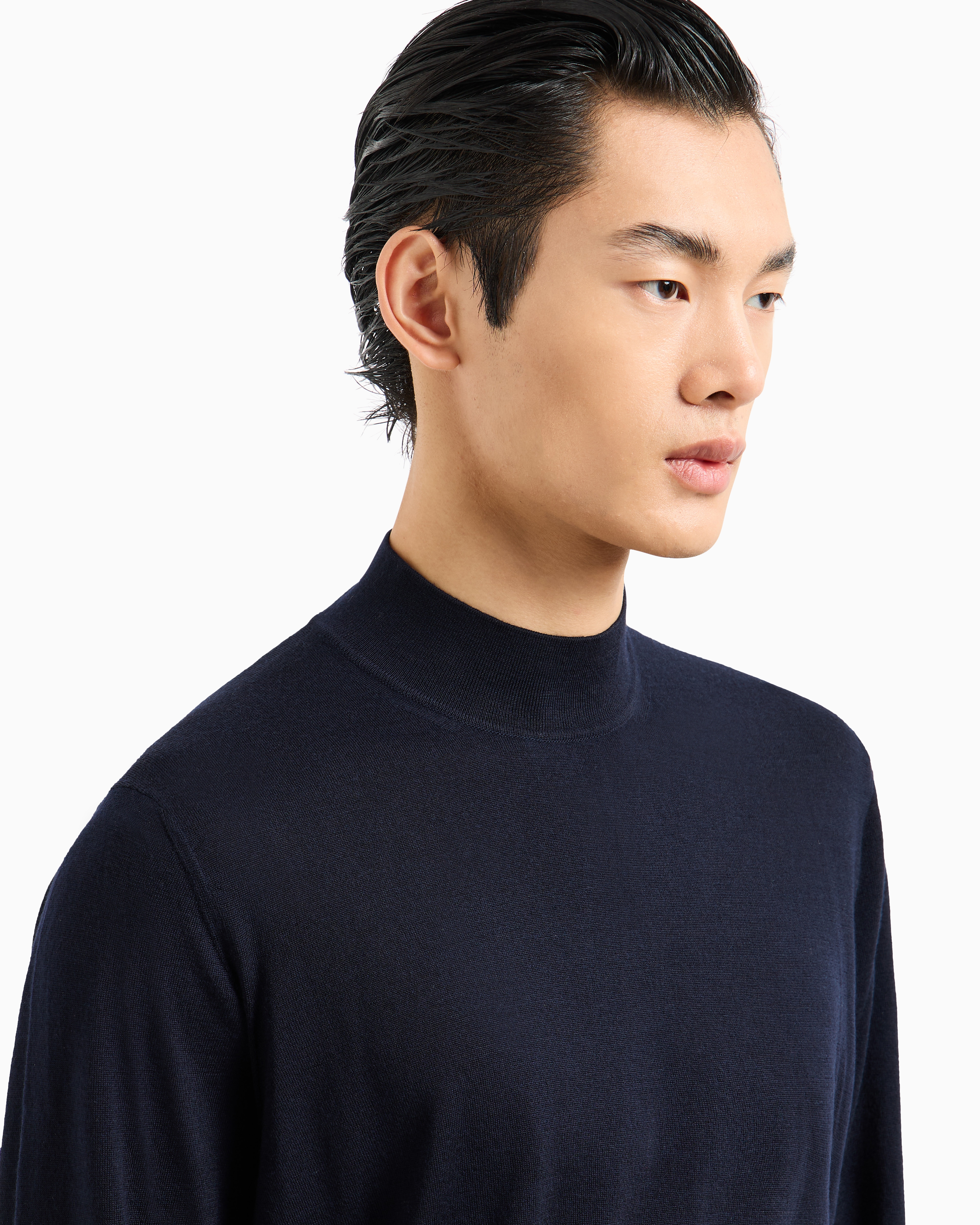 Shop Giorgio Armani Virgin-wool Mock-neck Jumper In Navy Blue