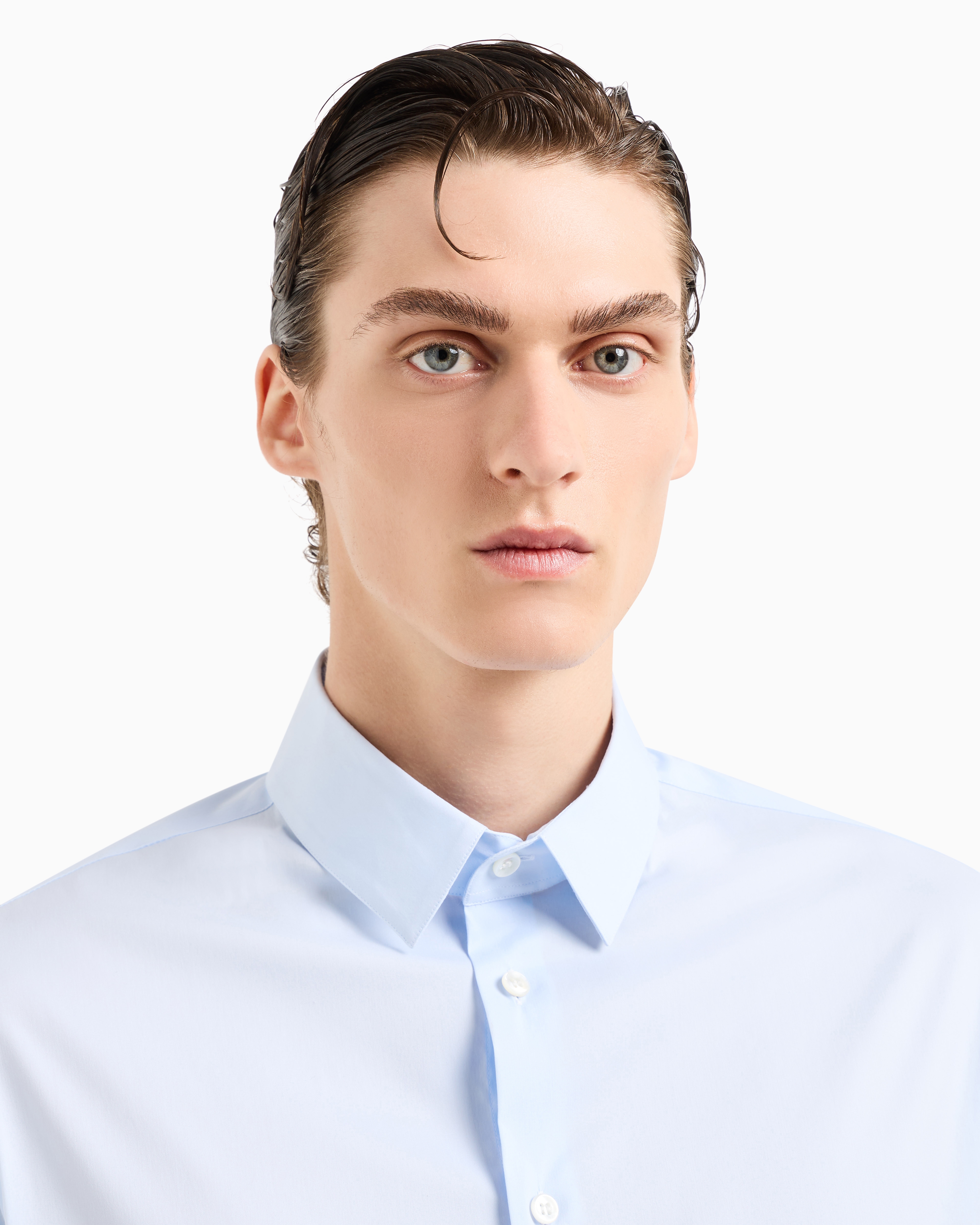 Giorgio Armani Official Store Stretch Fabric Shirt With Collar Stays In Azure