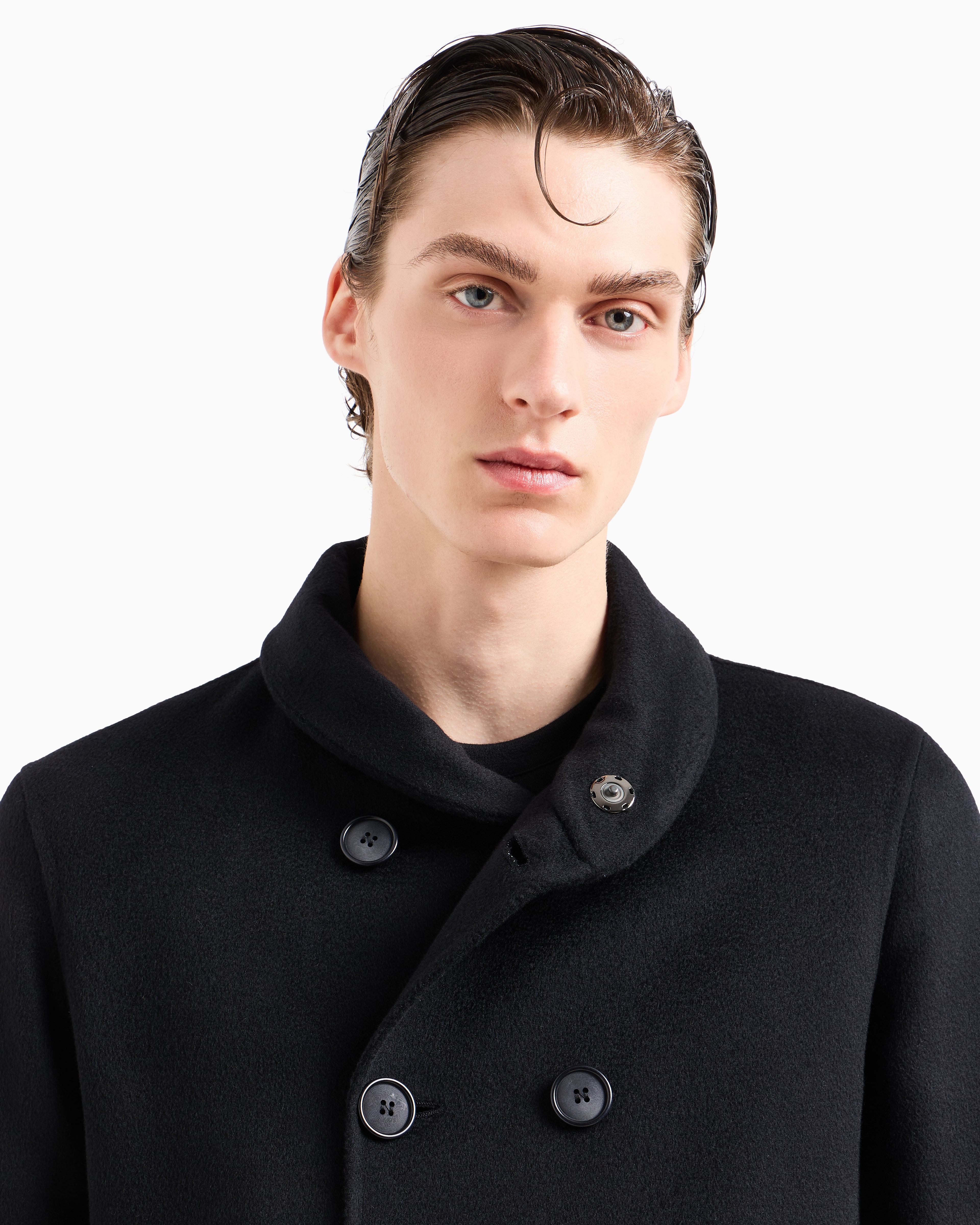 Shop Giorgio Armani Icon Double-breasted Coat In Double Cashmere In Navy Blue