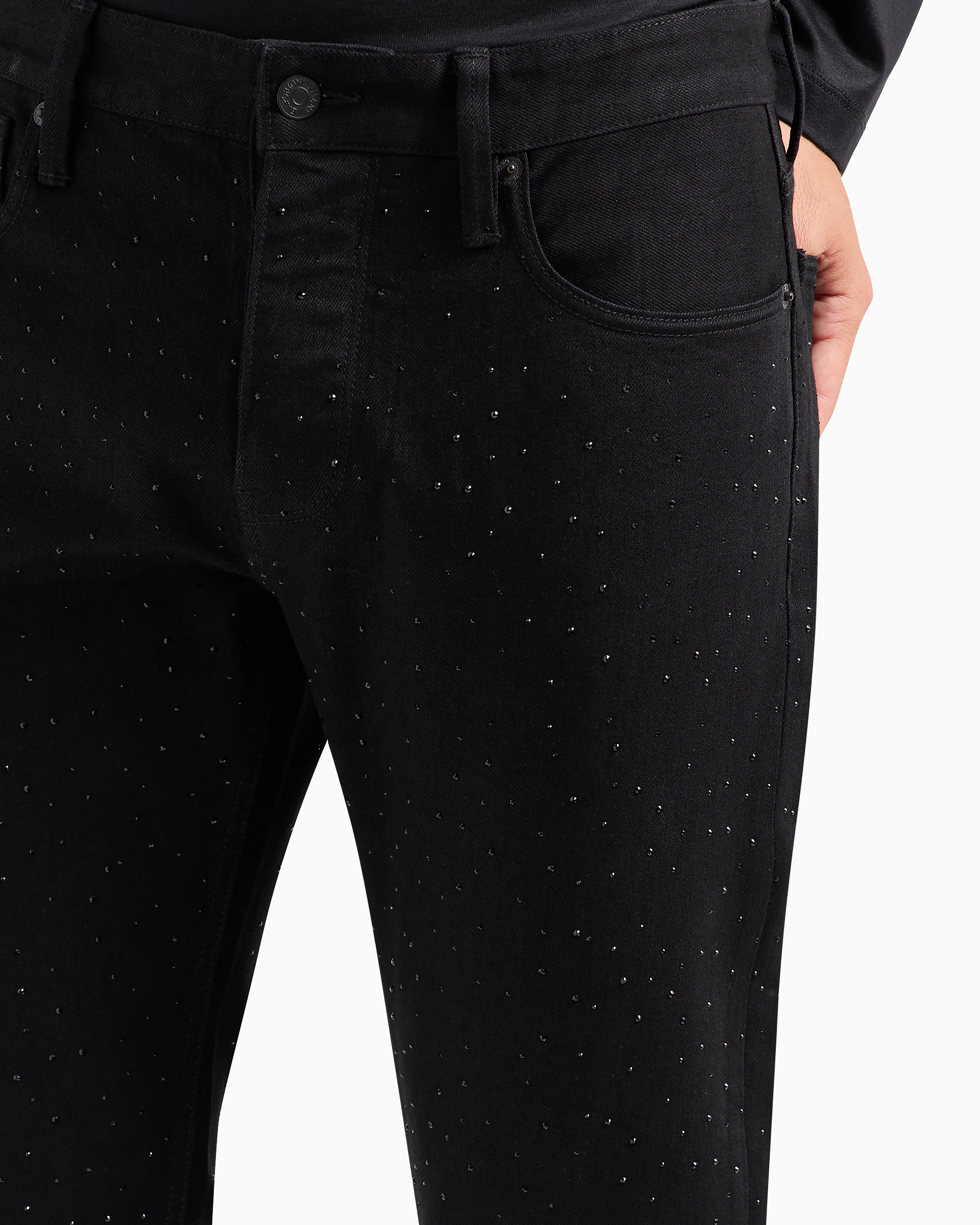 Emporio Armani Official Store J75 Clubwear Slim-fit Bull Denim Jeans With All-over Rhinestones In Black