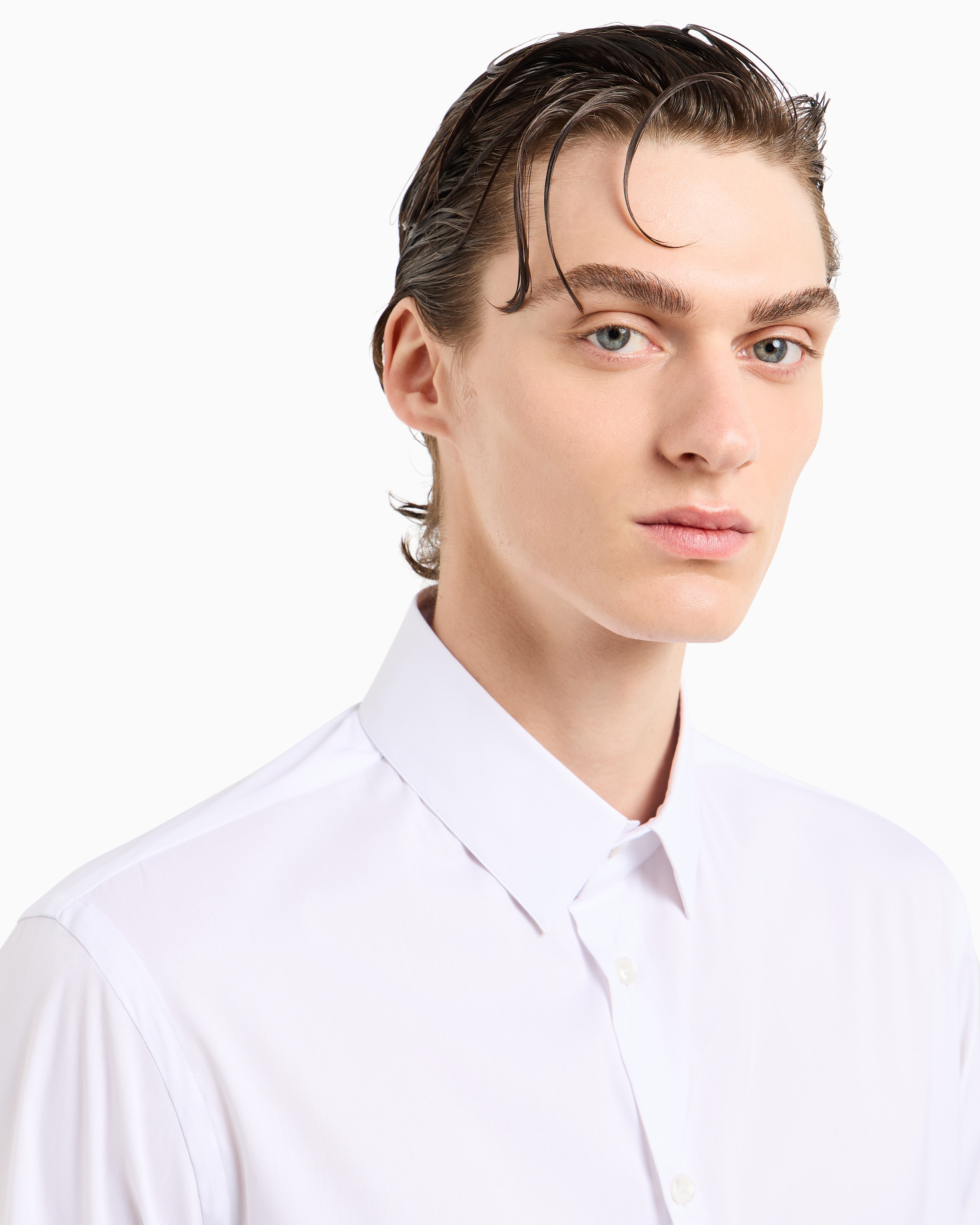 Giorgio Armani Official Store Stretch Fabric Shirt With Collar Stays In White