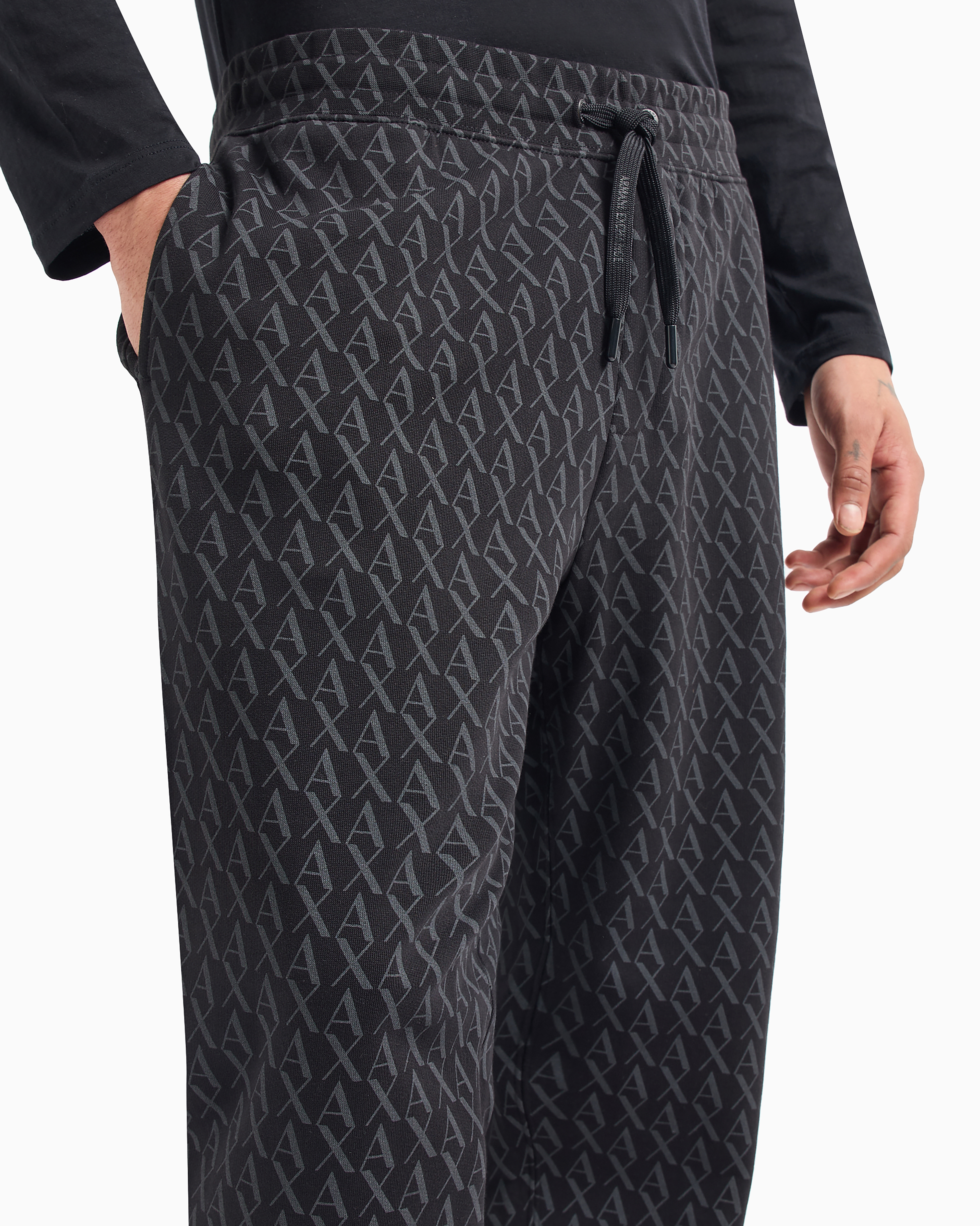 Armani Exchange Jogger Pants In Fabric With Allover Logo Pattern In Black