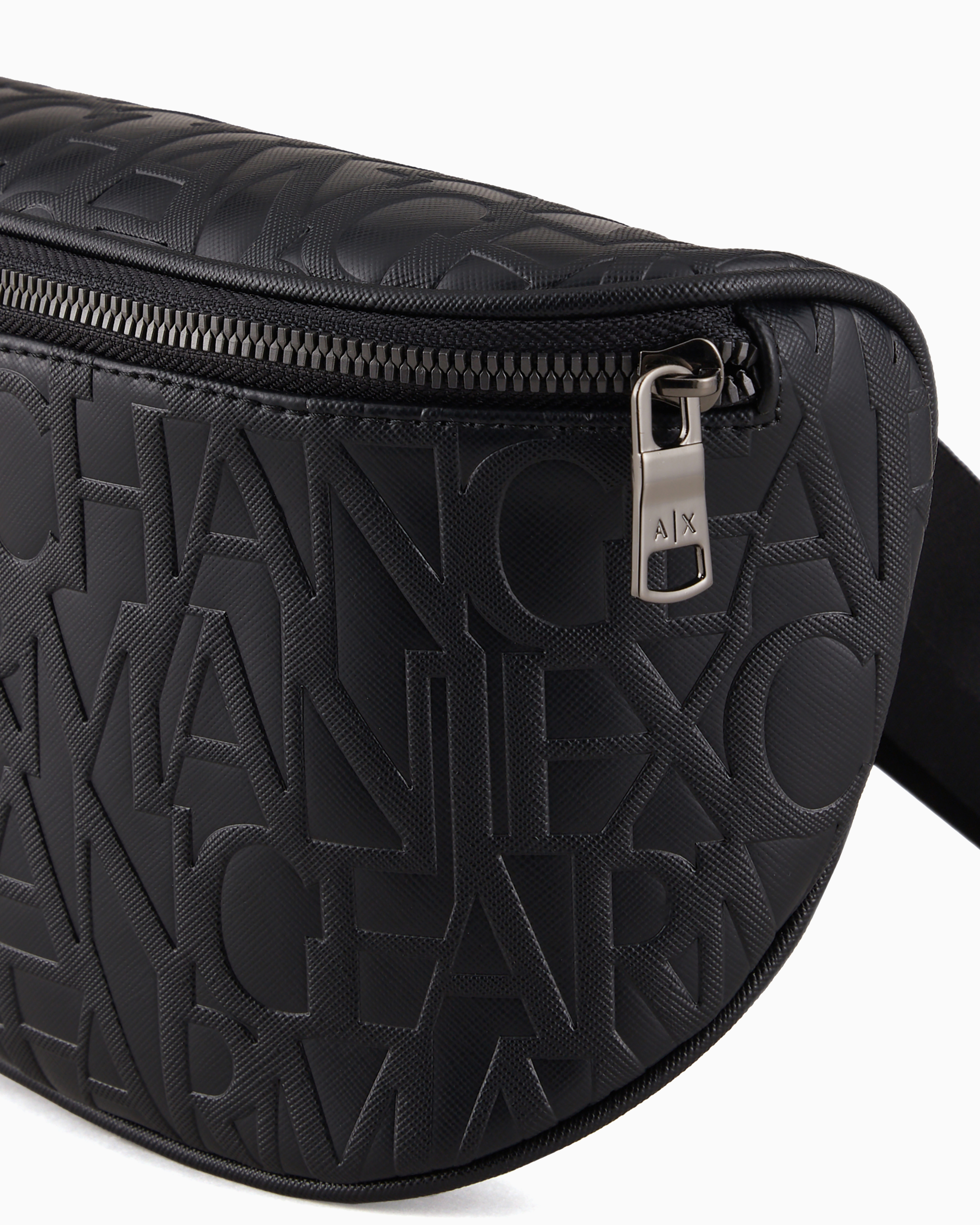 Pouch with tone-on-tone embossed logo in garnet material
