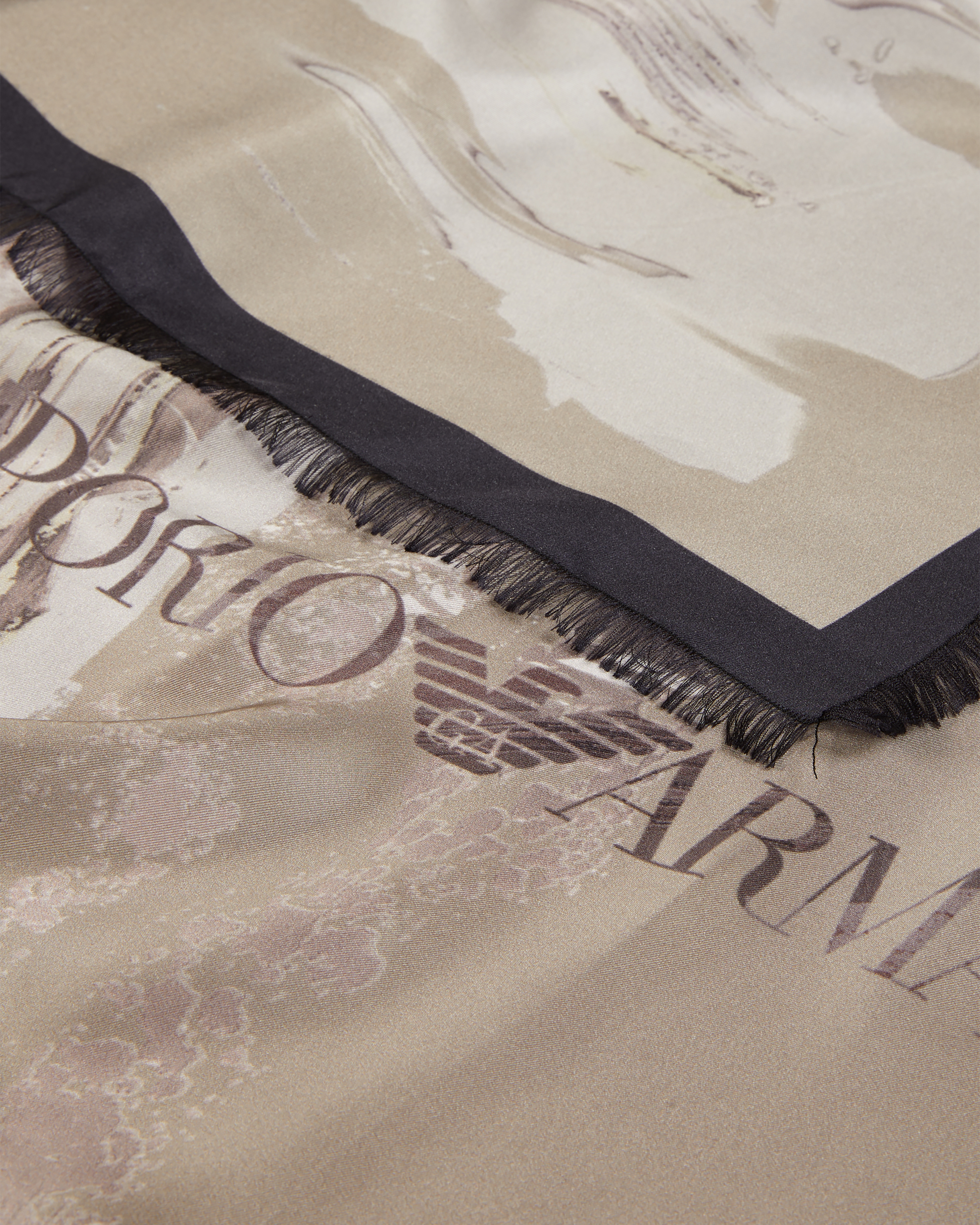 Emporio Armani Official Store Printed Silk Foulard With Fringed Edges In Beige