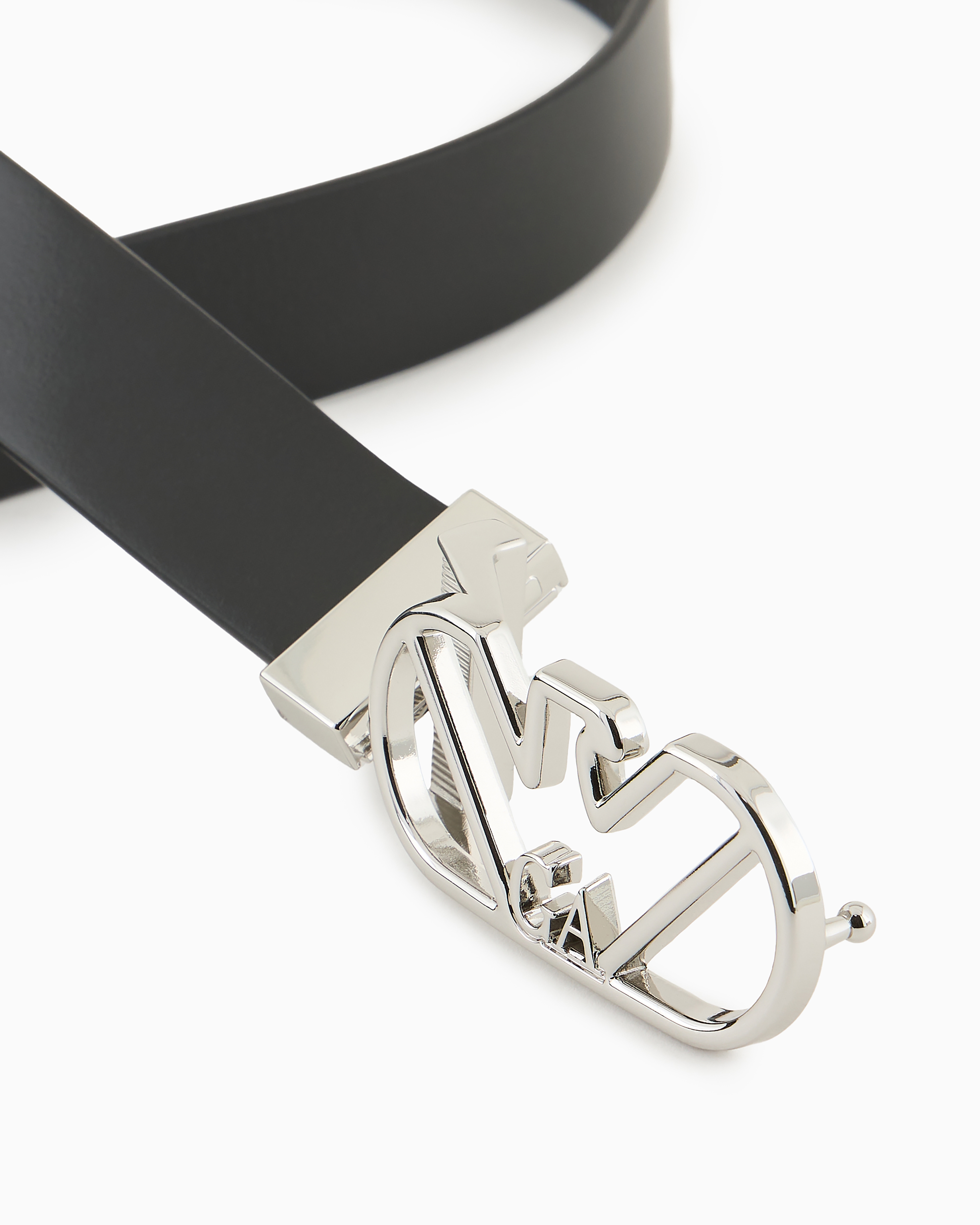 Shop Emporio Armani Reversible Belt In Deer-print Leather With Eagle Buckle In Black