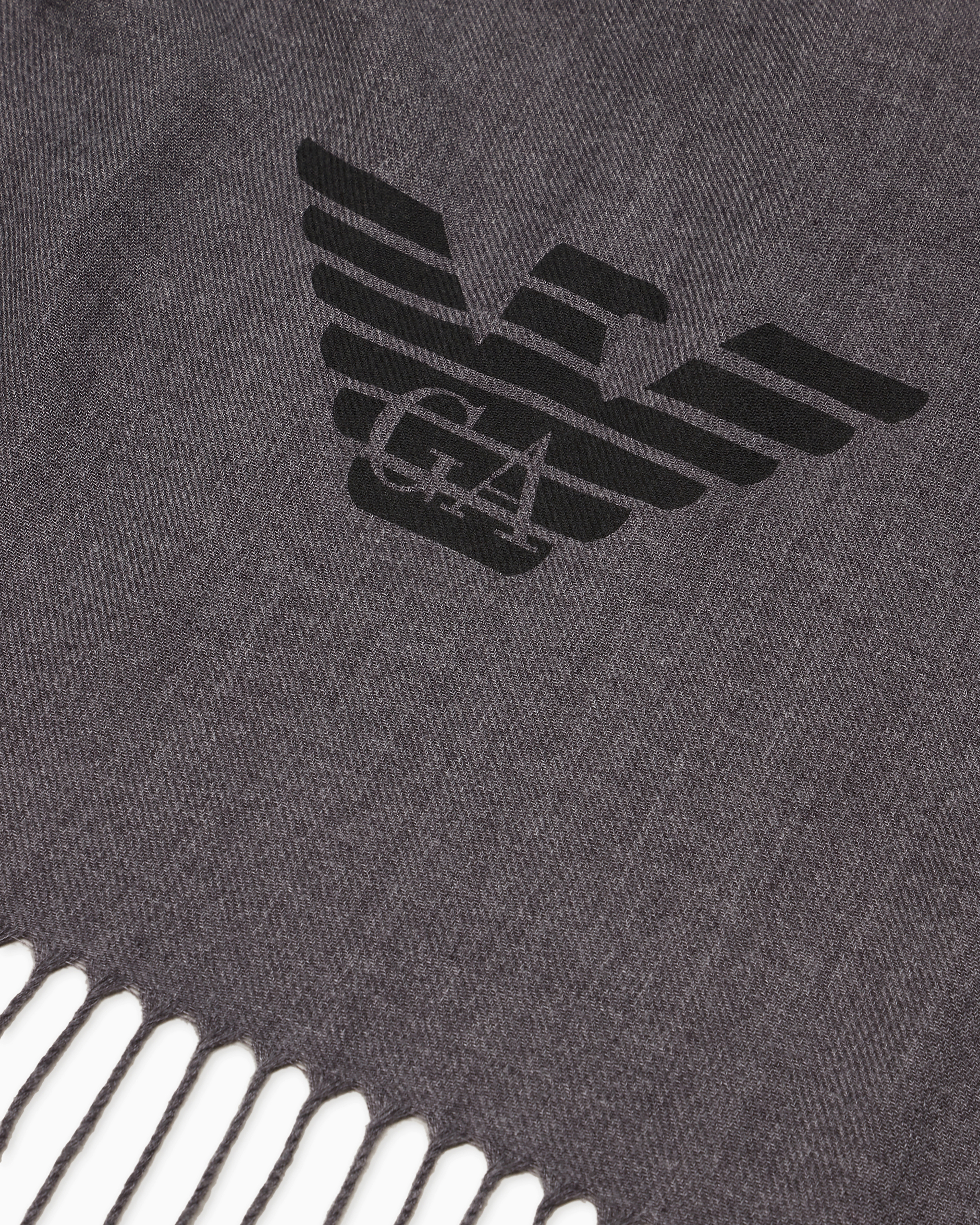 Emporio Armani Fringed Scarf With Eagle Print In Light Grey